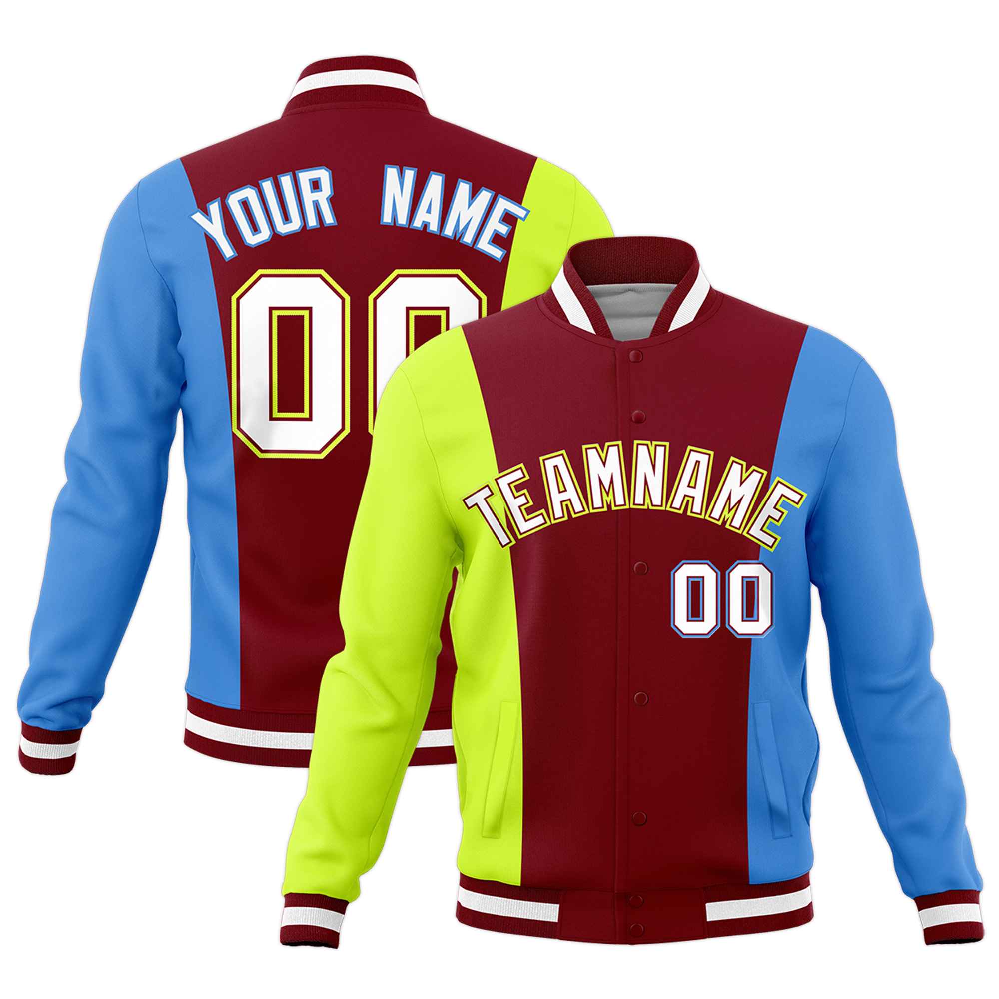 Custom Crimson Fluorescent Green Powder Blue Personalization Varsity Full-Snap Three Color Blocks Letterman Jacket| KXKSHOP