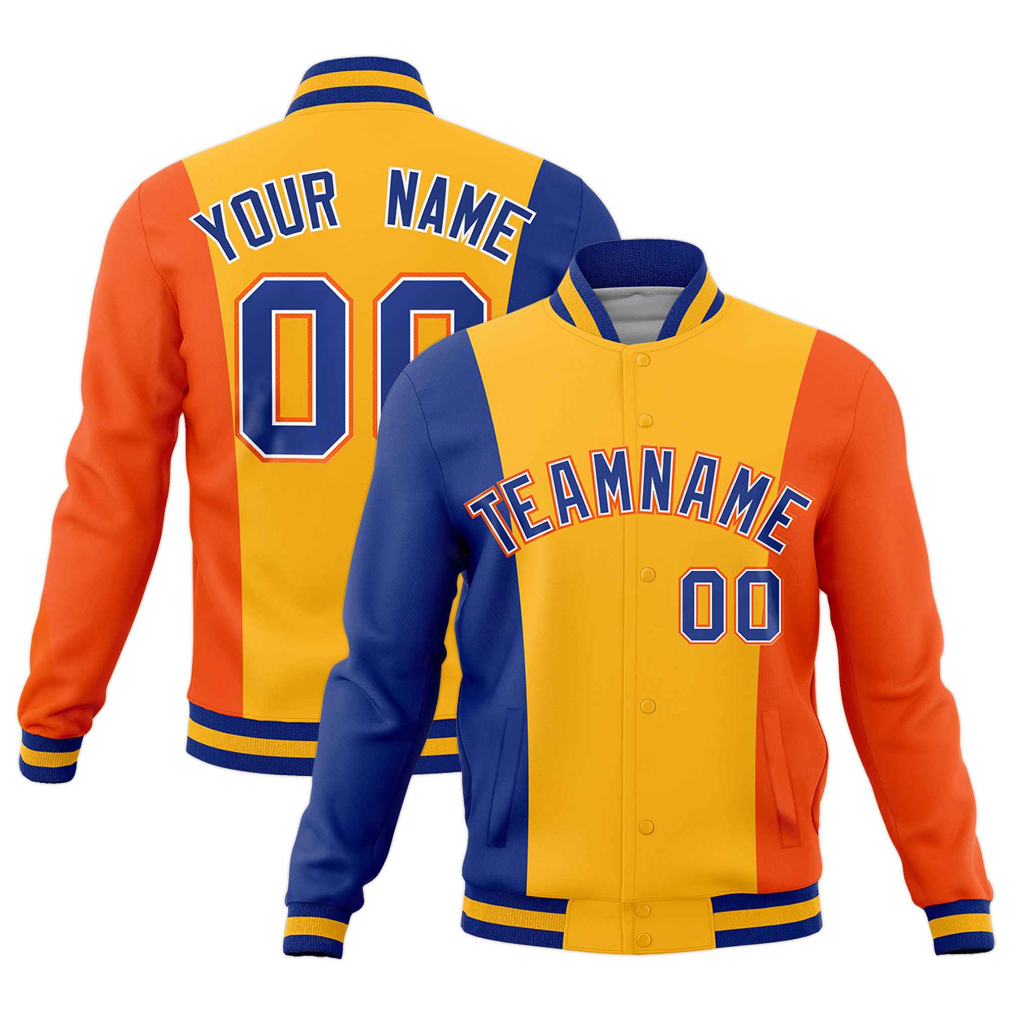 Custom Royal Blue Yellow Orange Personalization Varsity Full-Snap Three Color Blocks Letterman Jacket| KXKSHOP