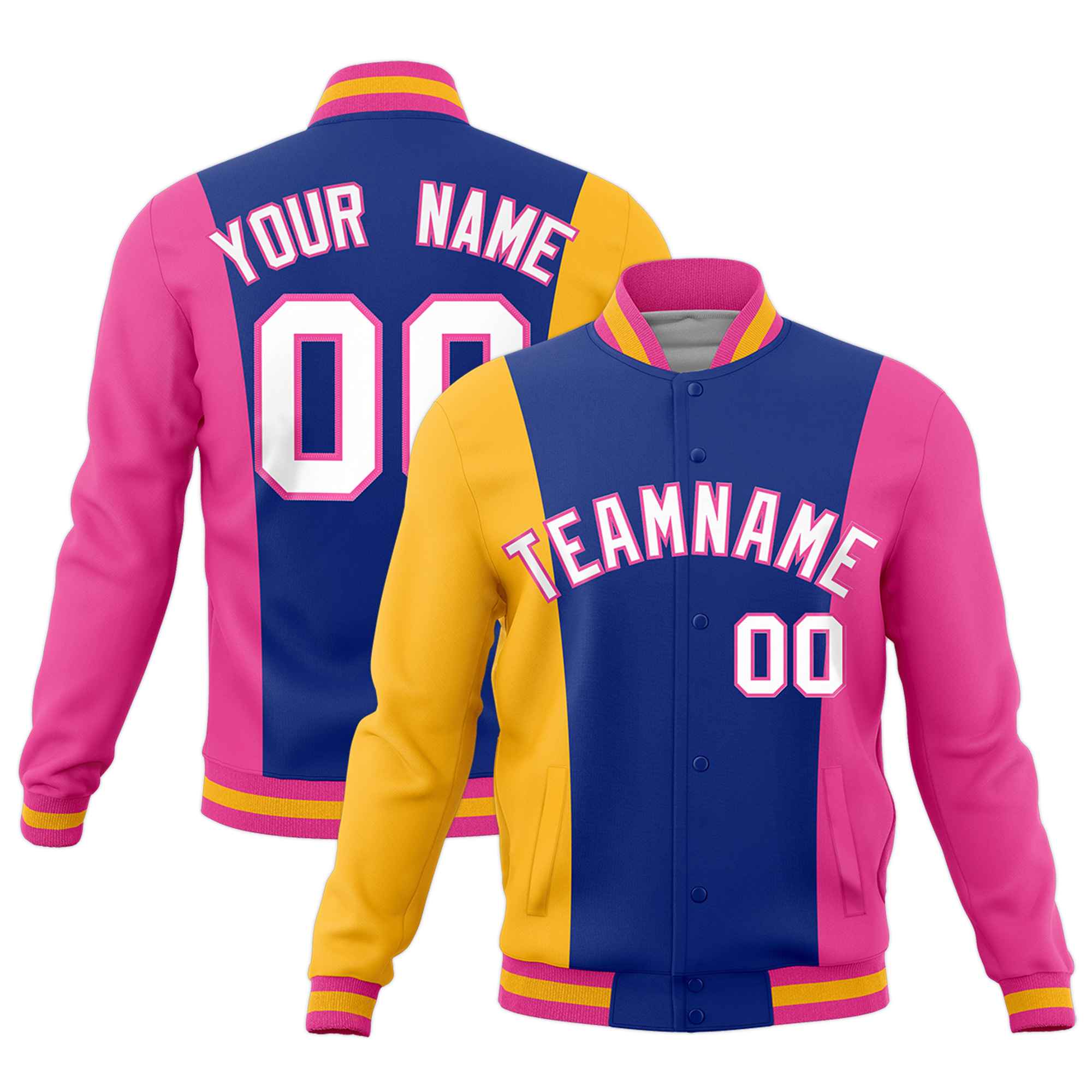 Custom Yellow Royal Blue Pink Personalization Varsity Full-Snap Three Color Blocks Letterman Jacket| KXKSHOP