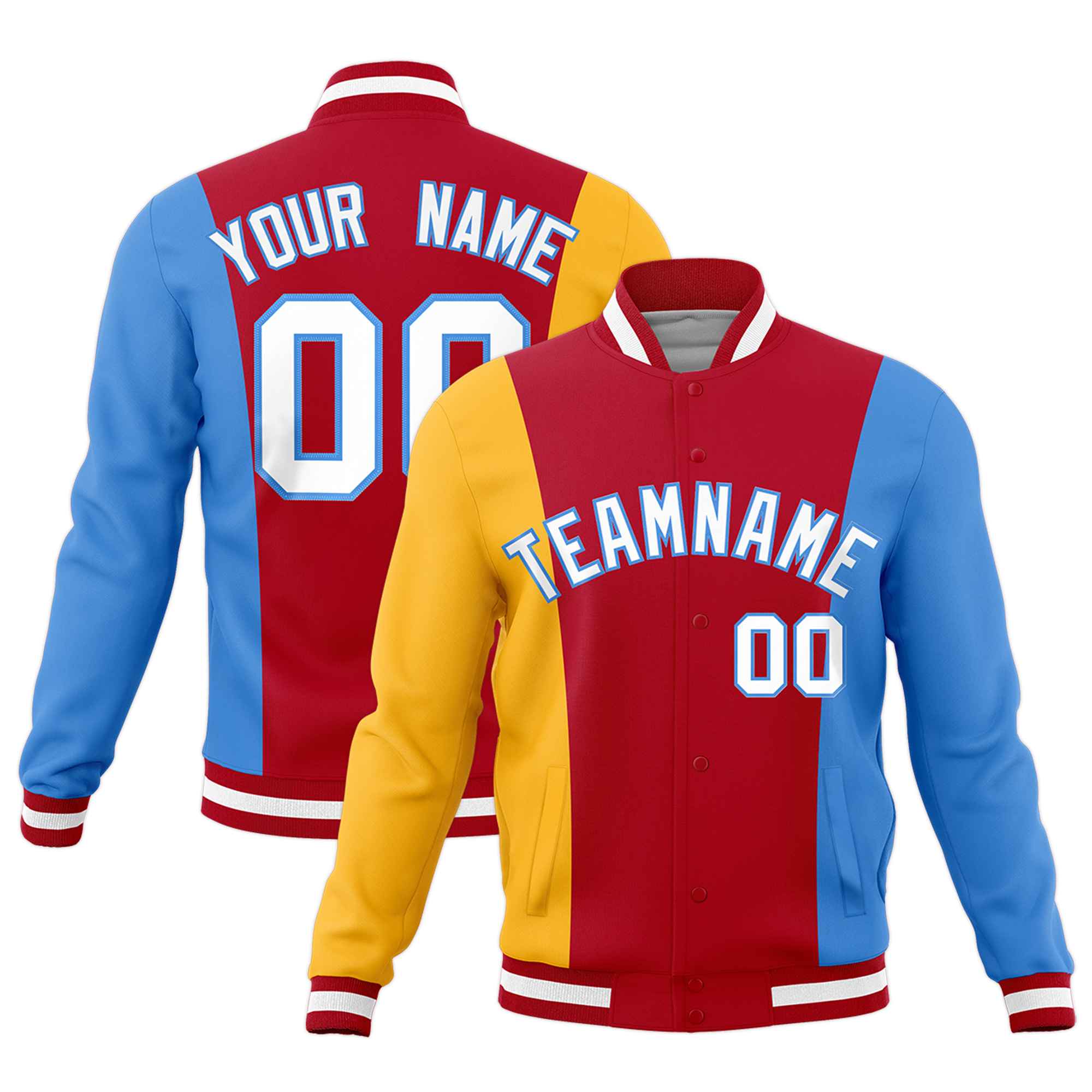 Custom Red Yellow Powder Blue Personalization Varsity Full-Snap Three Color Blocks Letterman Jacket| KXKSHOP