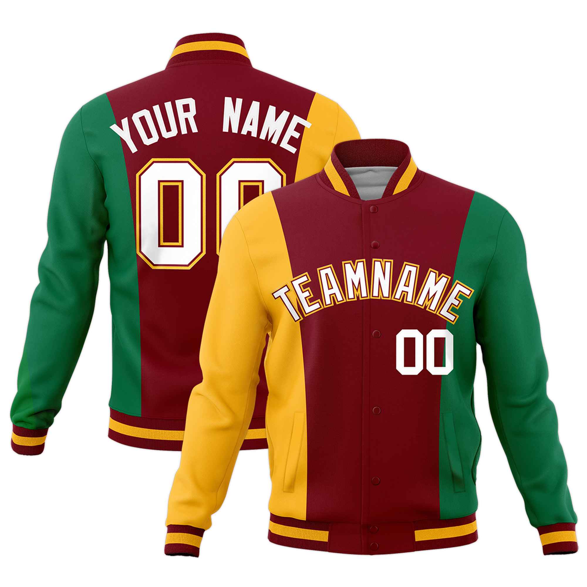 Custom Crimson Yellow Kelly Green Personalization Varsity Full-Snap Three Color Blocks Letterman Jacket| KXKSHOP