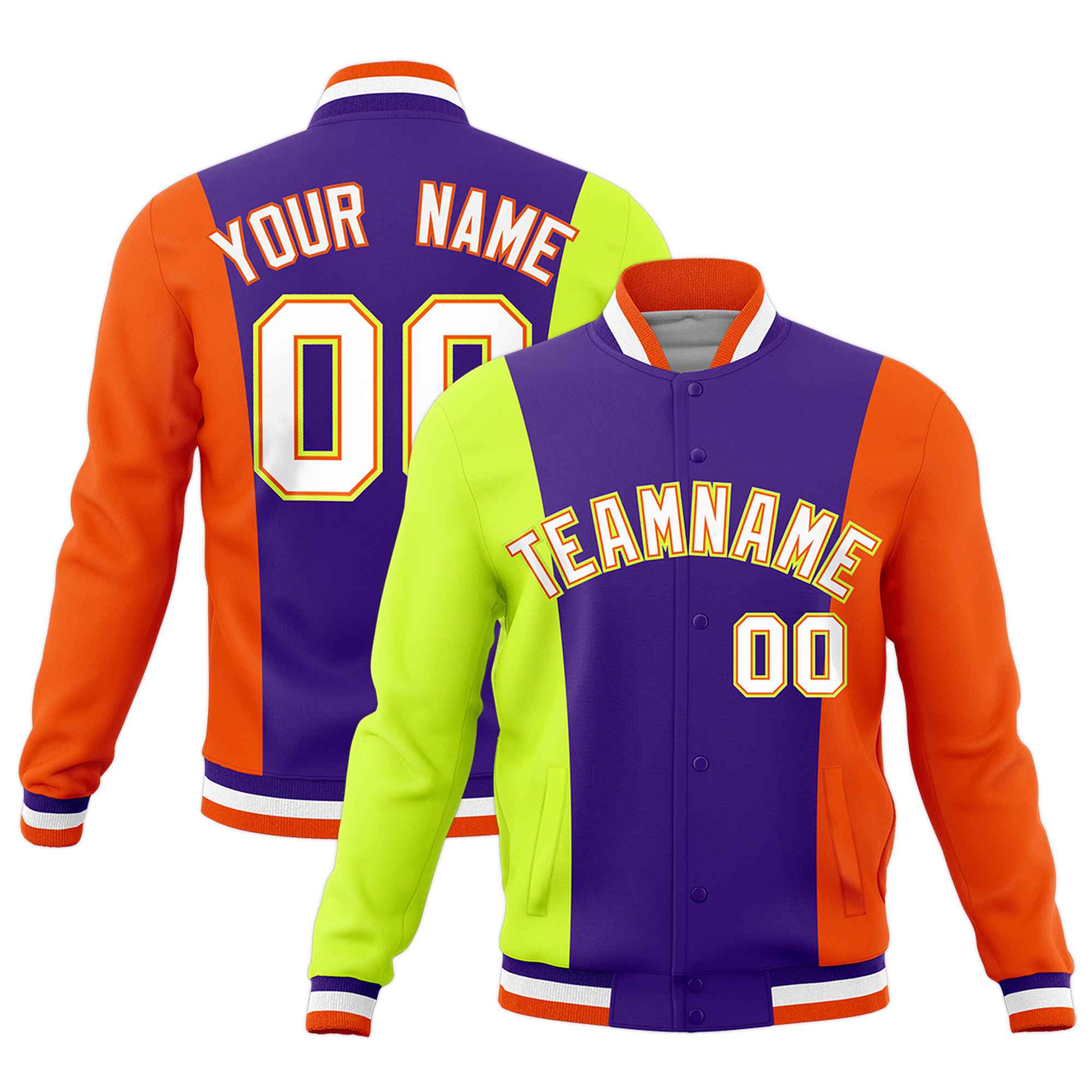 Custom Purple Fluorescent Green Yellow Personalization Varsity Full-Snap Three Color Blocks Letterman Jacket| KXKSHOP