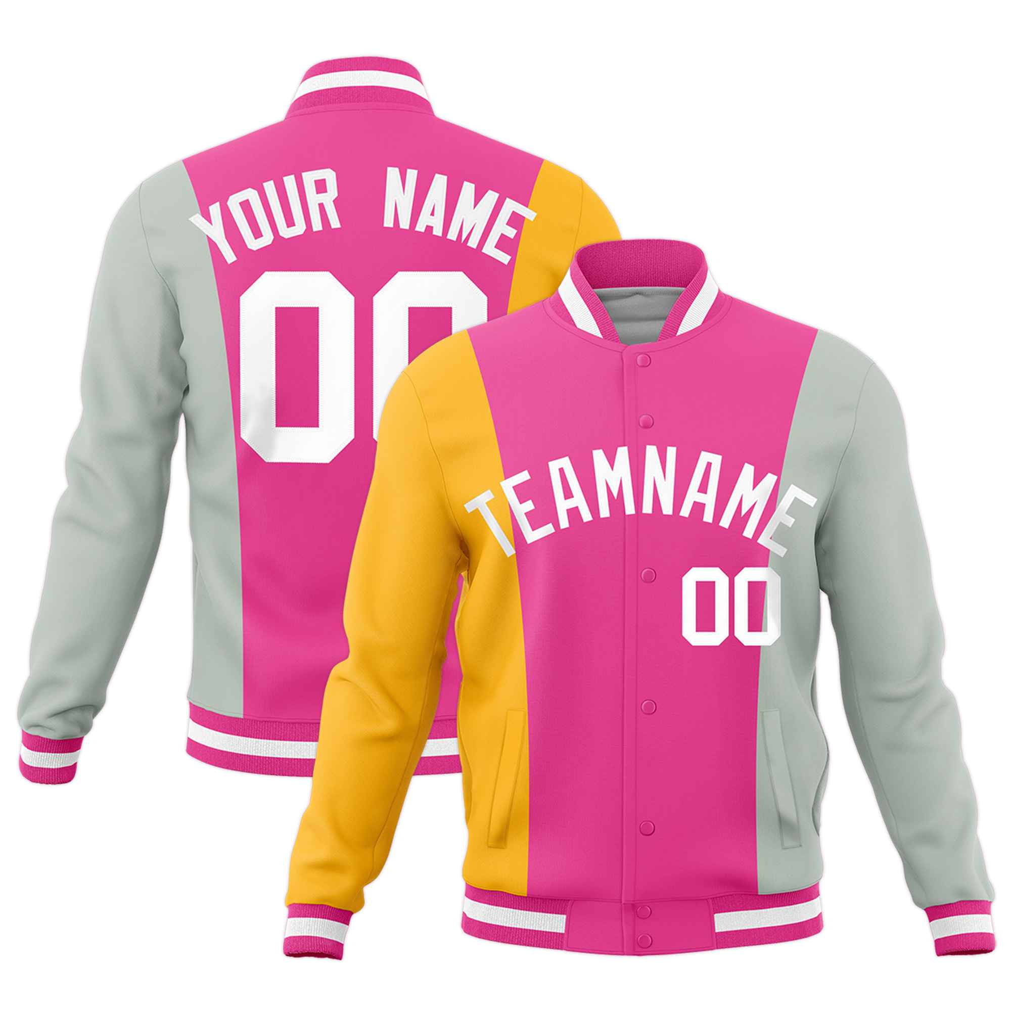 Custom Pink Yellow Gray Personalization Varsity Full-Snap Three Color Blocks Letterman Jacket| KXKSHOP