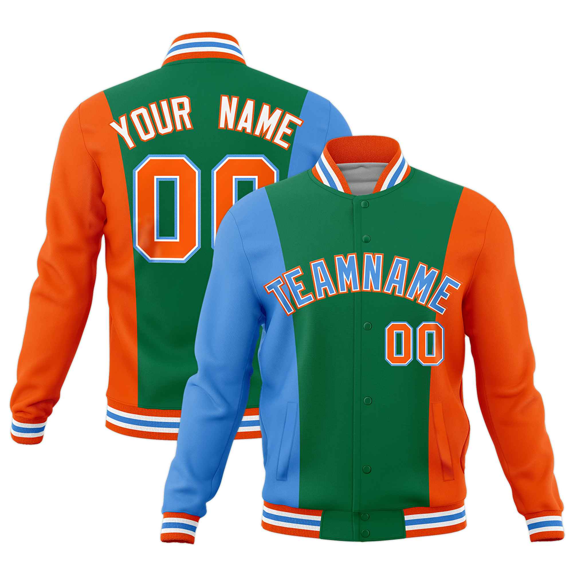 Custom Kelly Green Powder Blue Orange Personalization Varsity Full-Snap Three Color Blocks Letterman Jacket| KXKSHOP