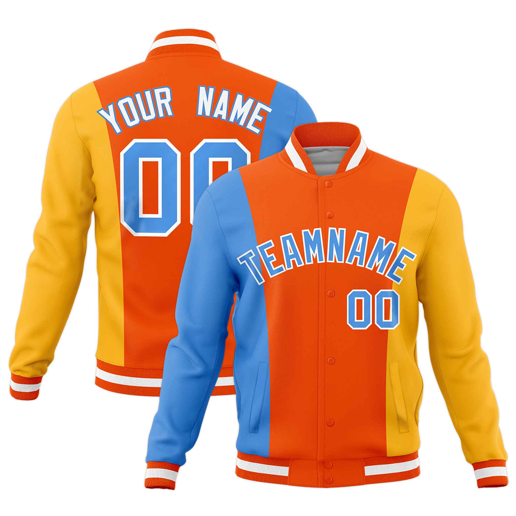 Custom Powder Blue Orange Yellow Personalization Varsity Full-Snap Three Color Blocks Letterman Jacket| KXKSHOP