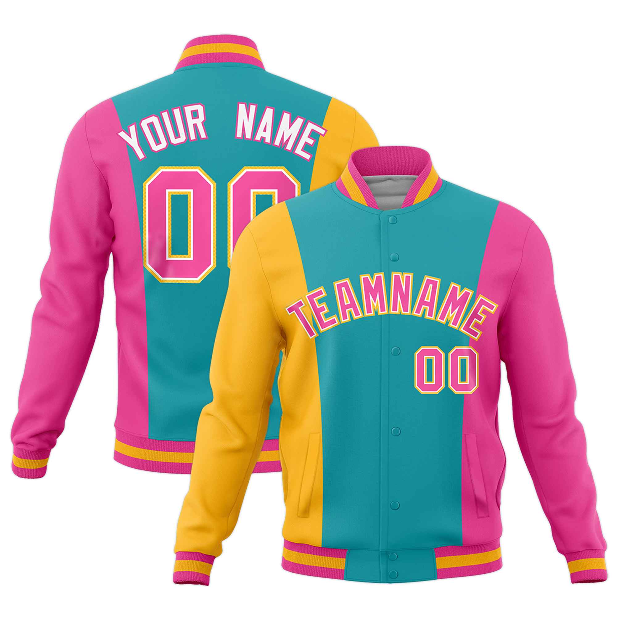 Custom Aqua Yellow Pink Personalization Varsity Full-Snap Three Color Blocks Letterman Jacket| KXKSHOP