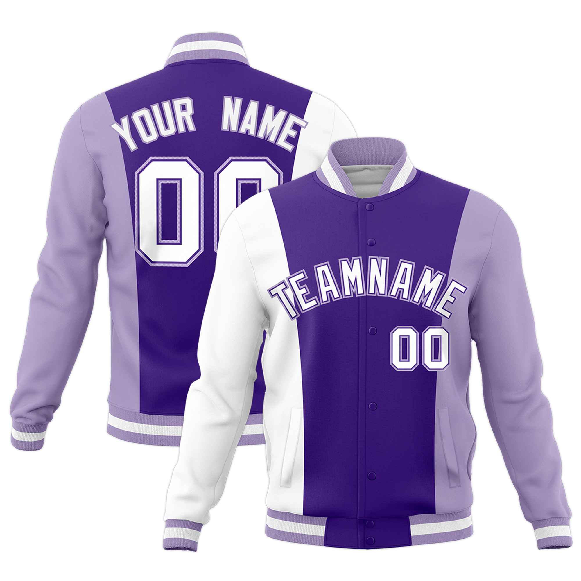 Custom Purple White Light Purple Personalization Varsity Full-Snap Three Color Blocks Letterman Jacket| KXKSHOP