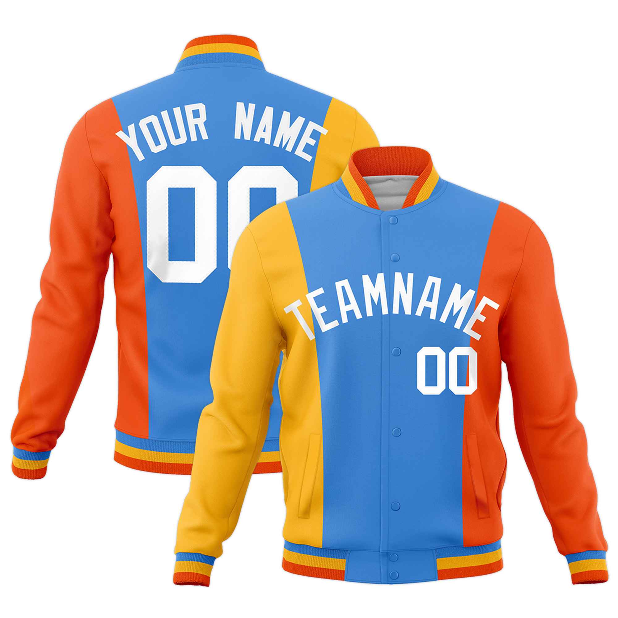 Custom Powder Blue Yellow Orange Personalization Varsity Full-Snap Three Color Blocks Letterman Jacket| KXKSHOP