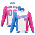 Custom White Powder Blue Pink Personalization Varsity Full-Snap Three Color Blocks Letterman Jacket| KXKSHOP