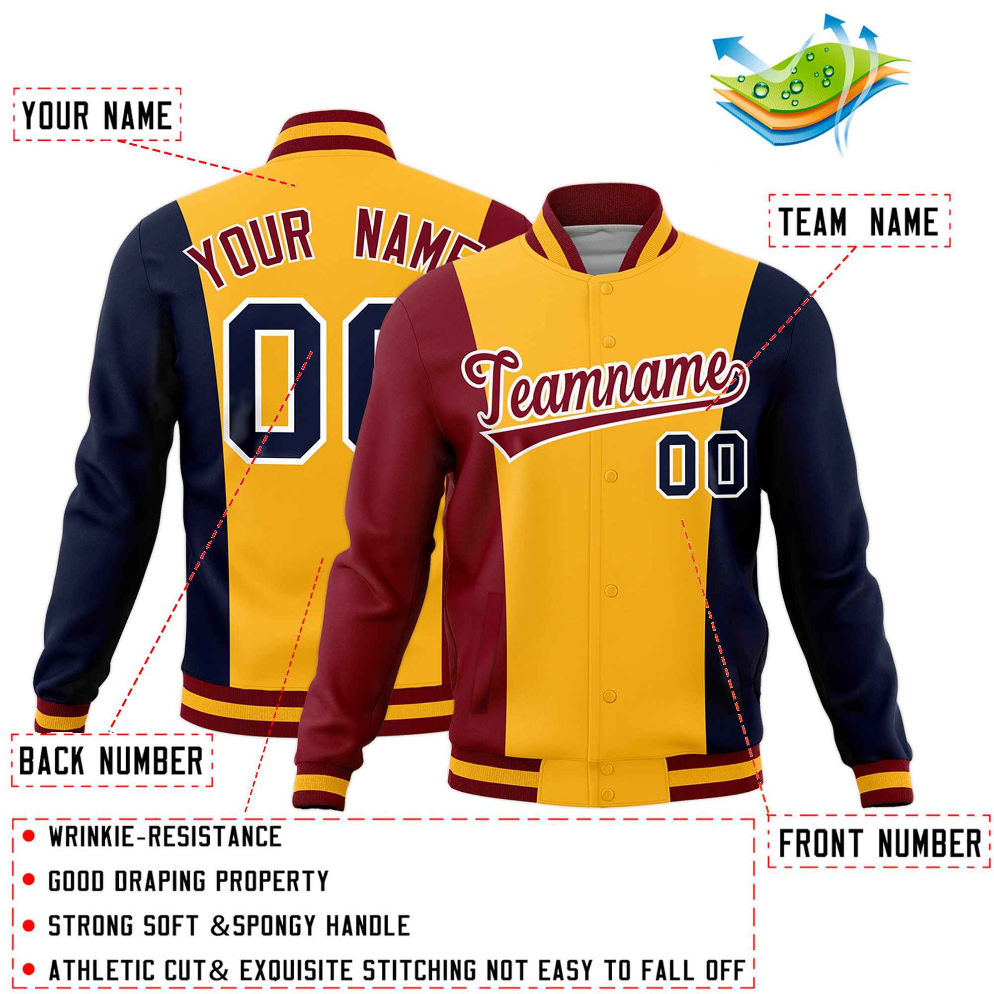 Custom Yellow Crimson Navy Personalization Varsity Full-Snap Three Color Blocks Letterman Jacket| KXKSHOP