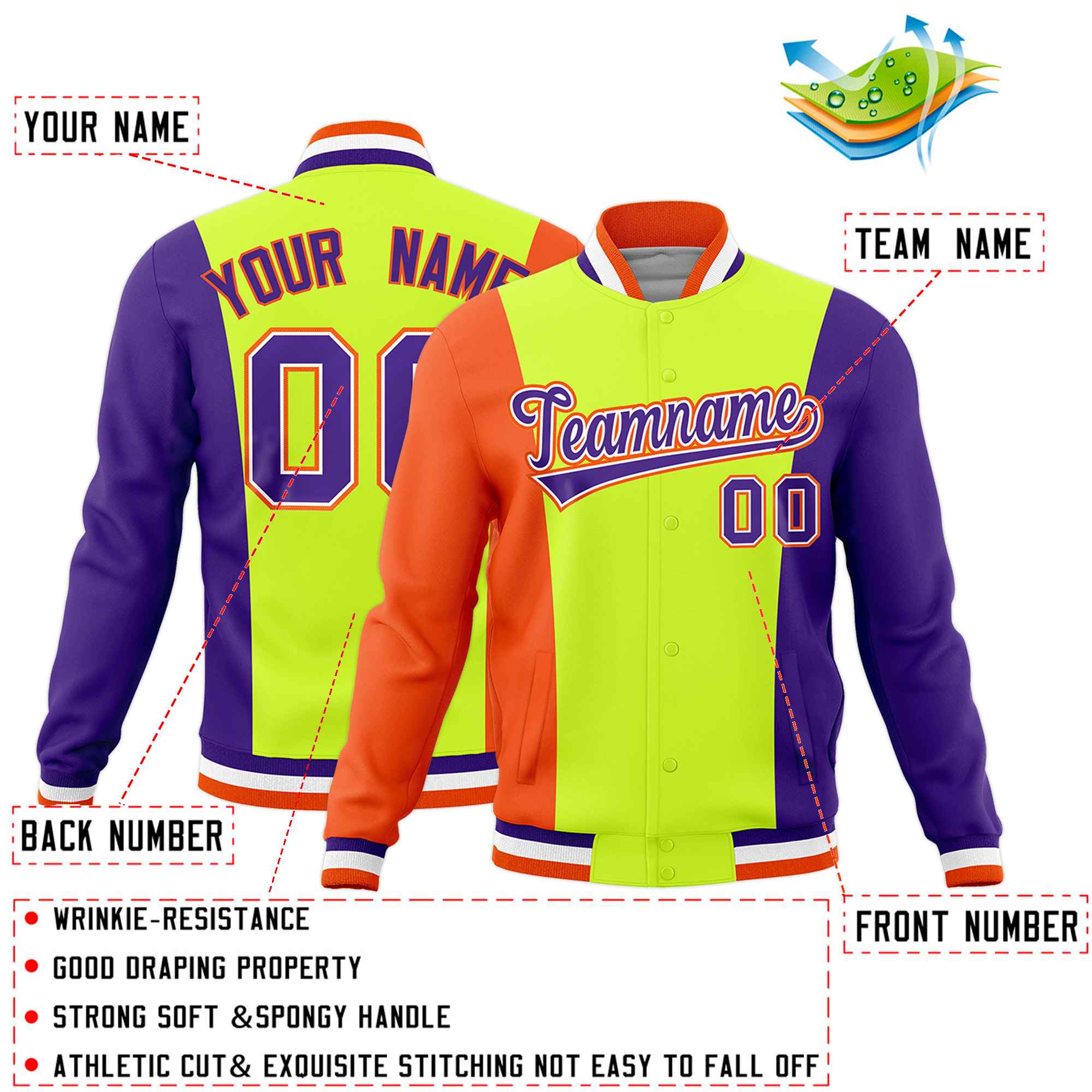 Custom Fluorescent Green Orange Purple Personalization Varsity Full-Snap Three Color Blocks Letterman Jacket| KXKSHOP