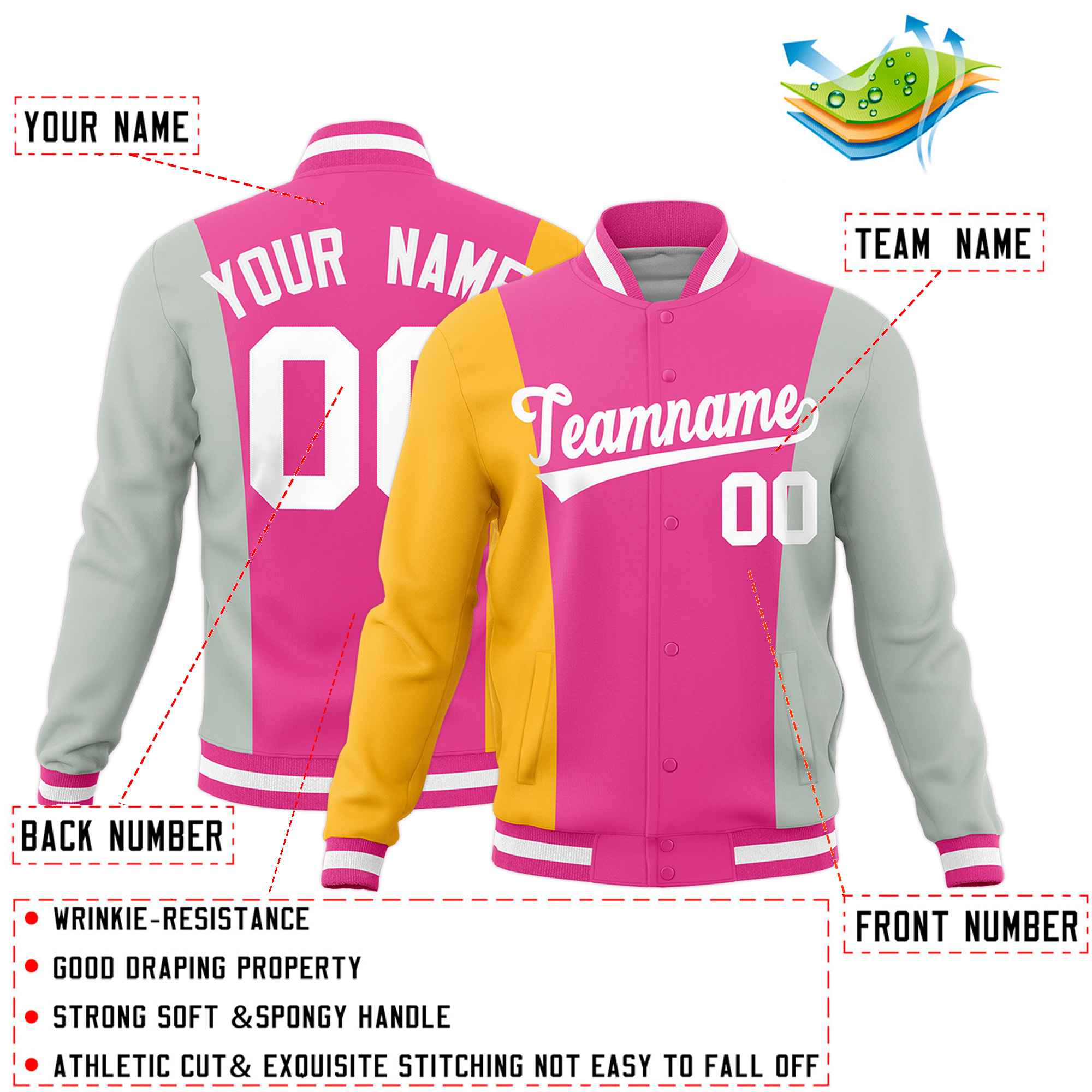 Custom Pink Yellow Gray Personalization Varsity Full-Snap Three Color Blocks Letterman Jacket| KXKSHOP
