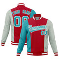 Custom Red Aqua Gray Personalization Varsity Full-Snap Three Color Blocks Letterman Jacket| KXKSHOP
