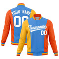 Custom Powder Blue Yellow Orange Personalization Varsity Full-Snap Three Color Blocks Letterman Jacket| KXKSHOP