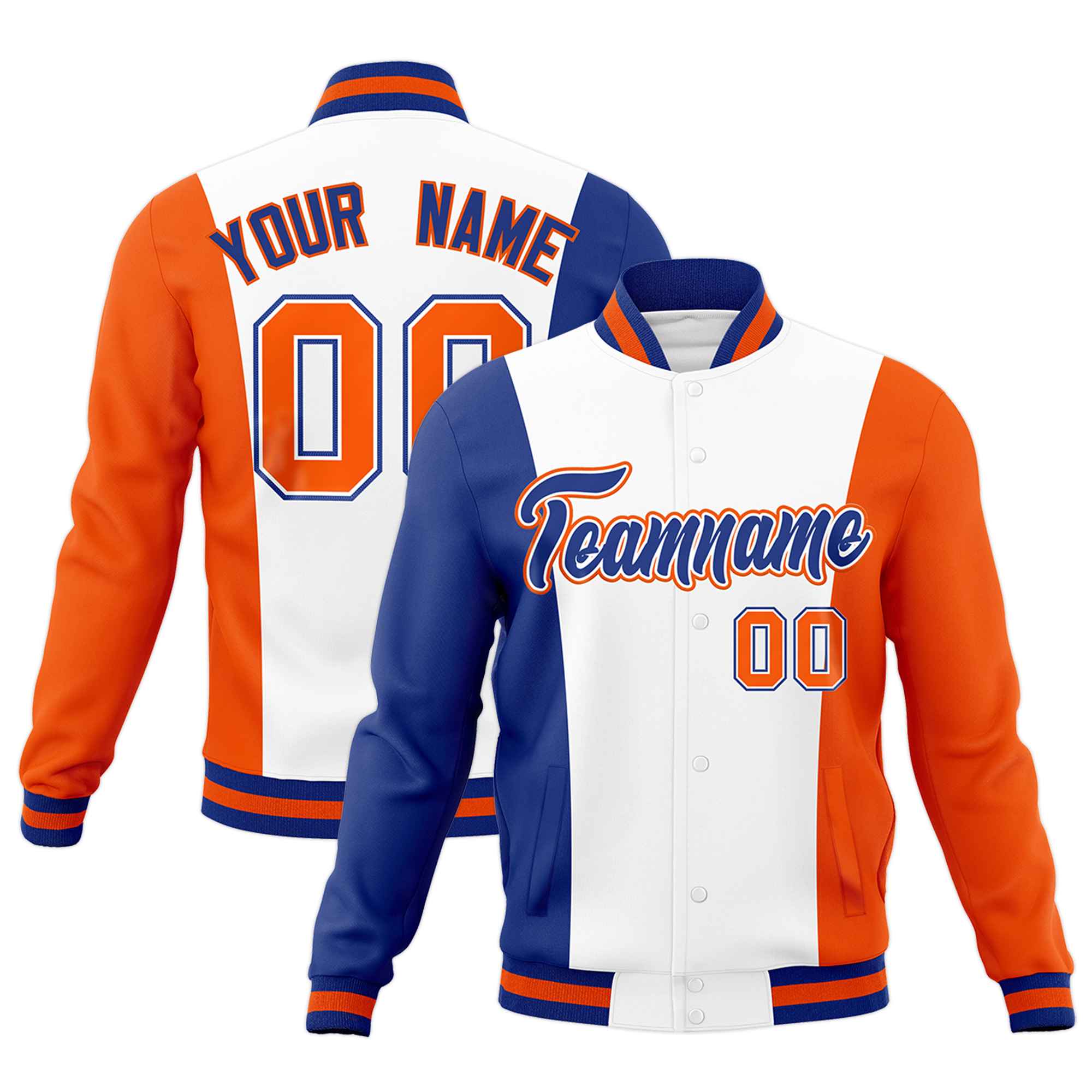 Custom White Royal Blue Orange Personalization Varsity Full-Snap Three Color Blocks Letterman Jacket| KXKSHOP