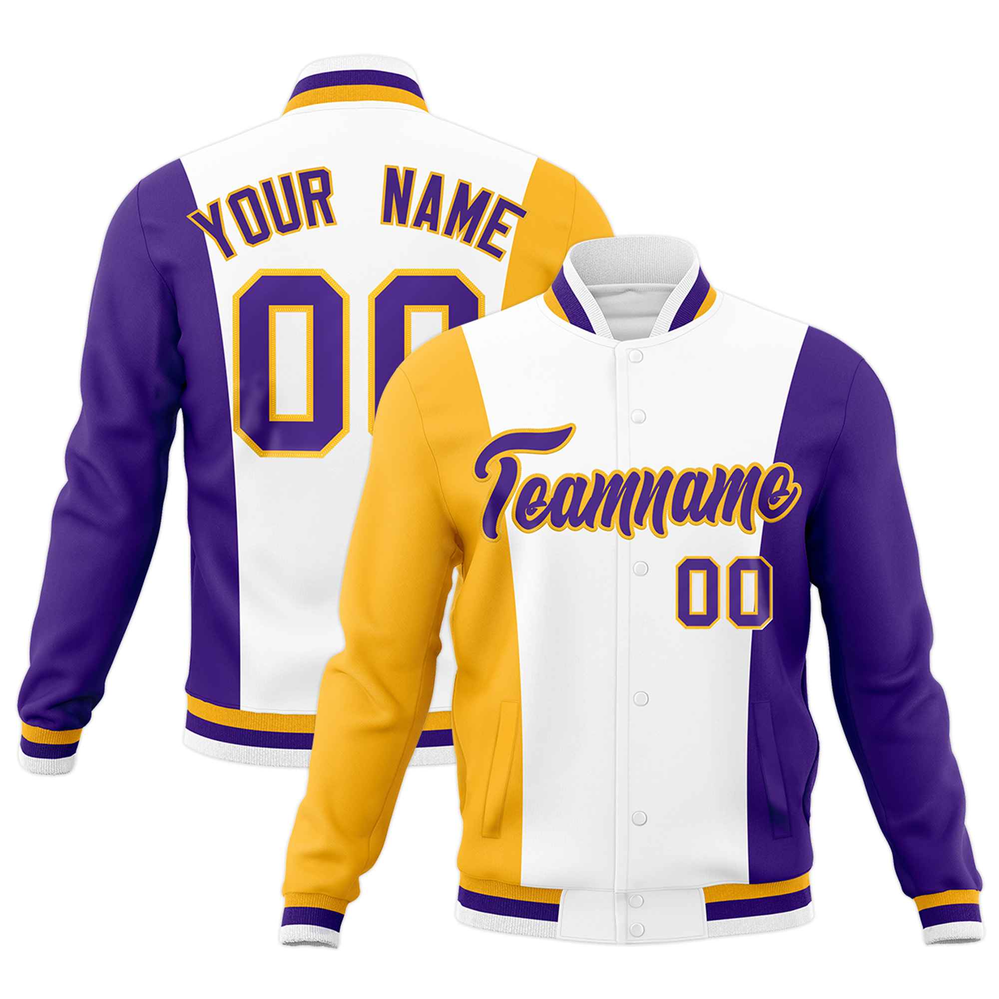 Custom White Yellow Purple Personalization Varsity Full-Snap Three Color Blocks Letterman Jacket| KXKSHOP