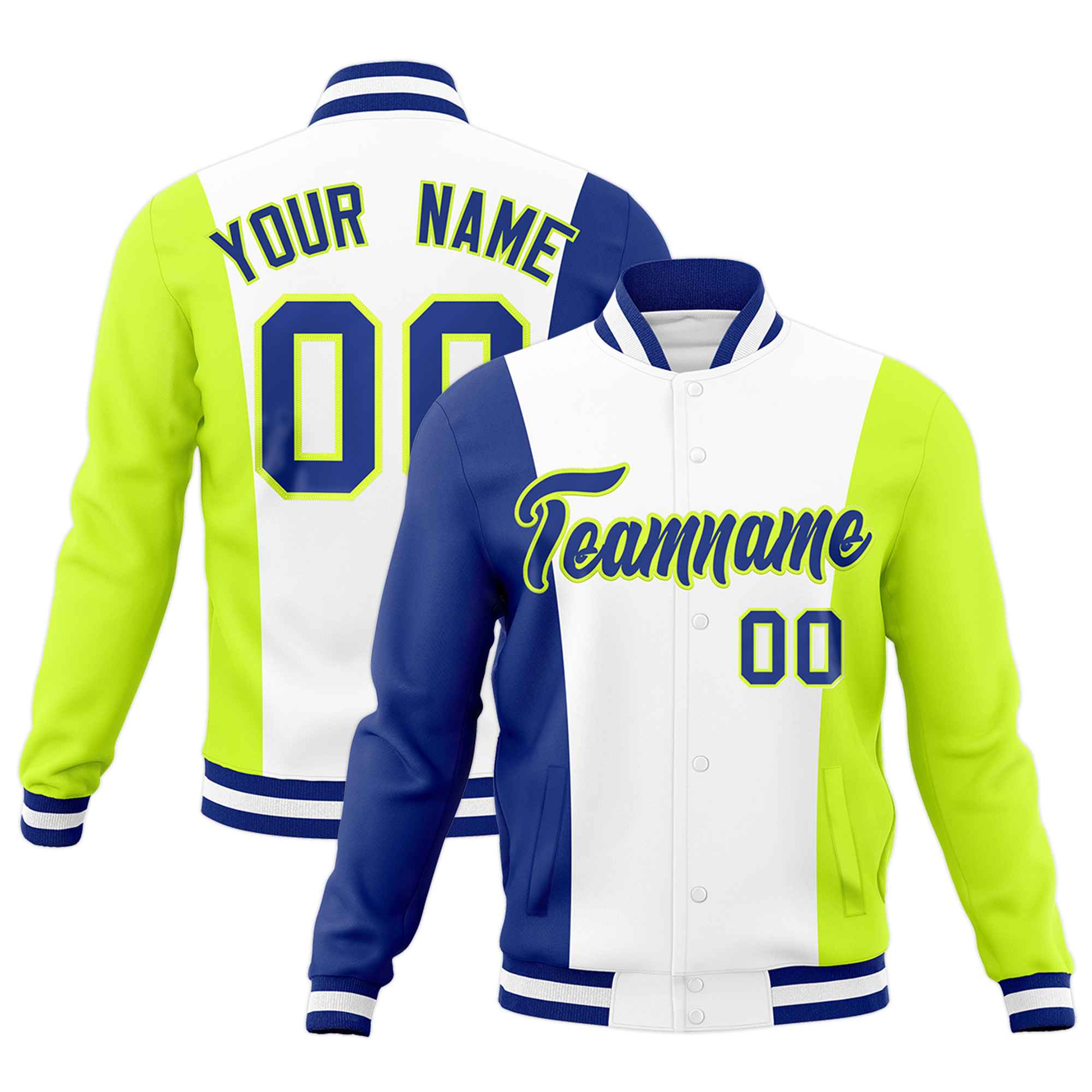 Custom White Royal Blue Fluorescent Green Personalization Varsity Full-Snap Three Color Blocks Letterman Jacket| KXKSHOP