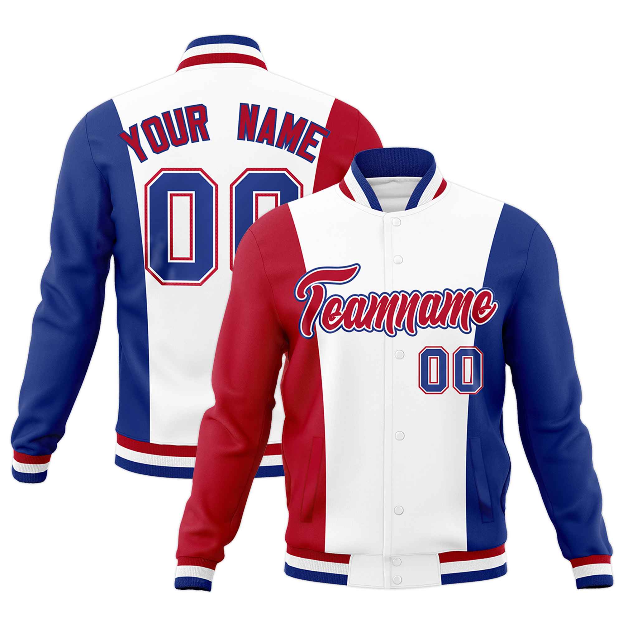 Custom White Red Royal Blue Personalization Varsity Full-Snap Three Color Blocks Letterman Jacket| KXKSHOP