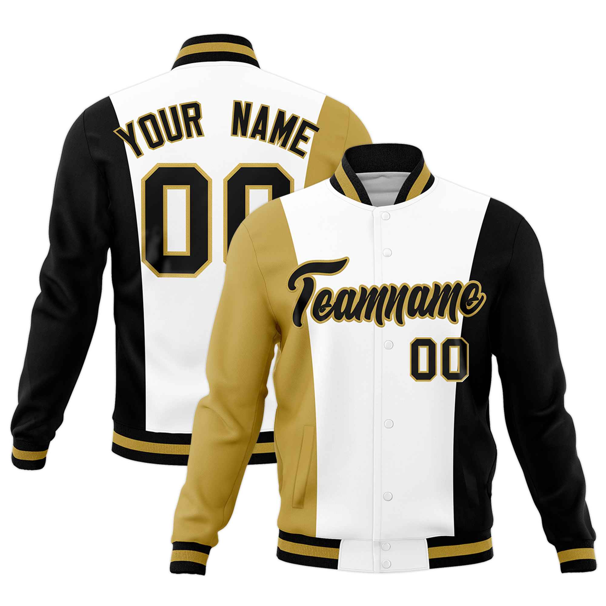 Custom White Old Gold Black Personalization Varsity Full-Snap Three Color Blocks Letterman Jacket| KXKSHOP