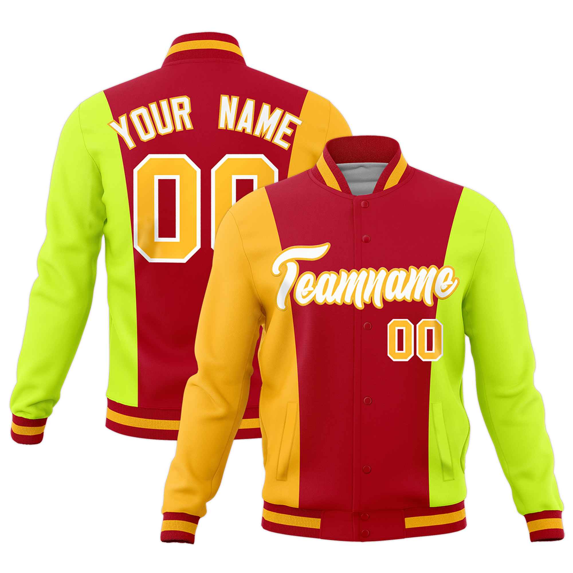 Custom Red Yellow Fluorescent Green Personalization Varsity Full-Snap Three Color Blocks Letterman Jacket| KXKSHOP