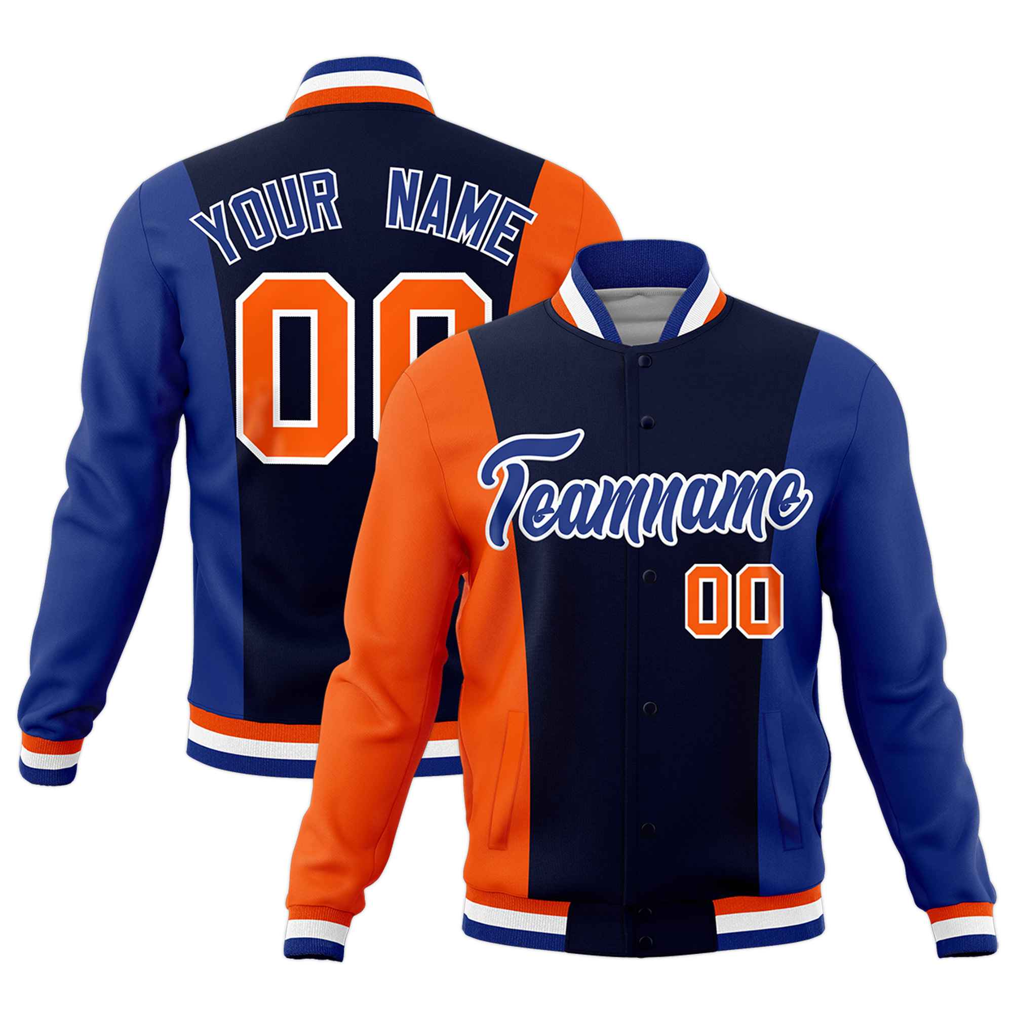Custom Navy Orange Royal Blue Personalization Varsity Full-Snap Three Color Blocks Letterman Jacket| KXKSHOP