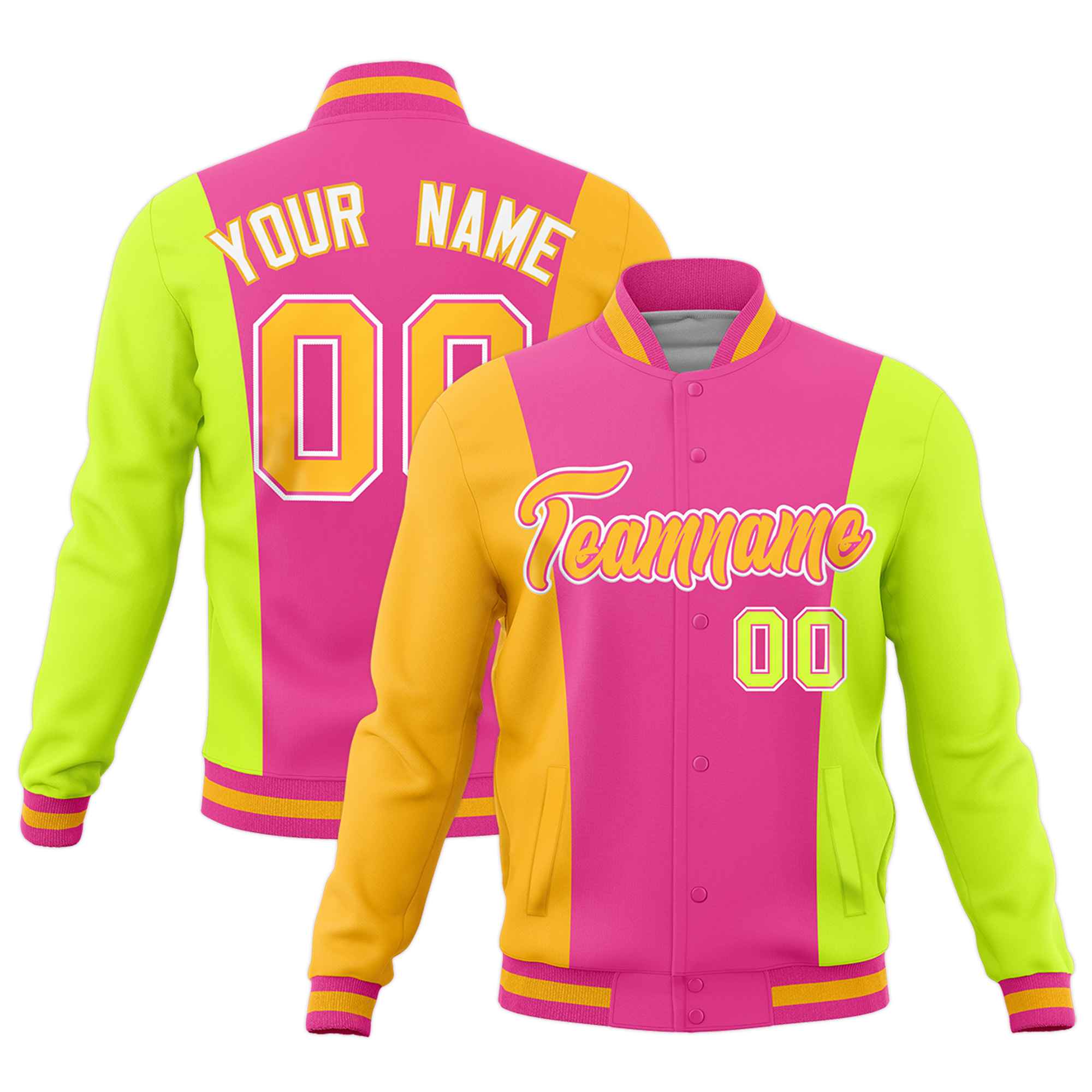 Custom Pink Yellow Fluorescent Green Personalization Varsity Full-Snap Three Color Blocks Letterman Jacket| KXKSHOP