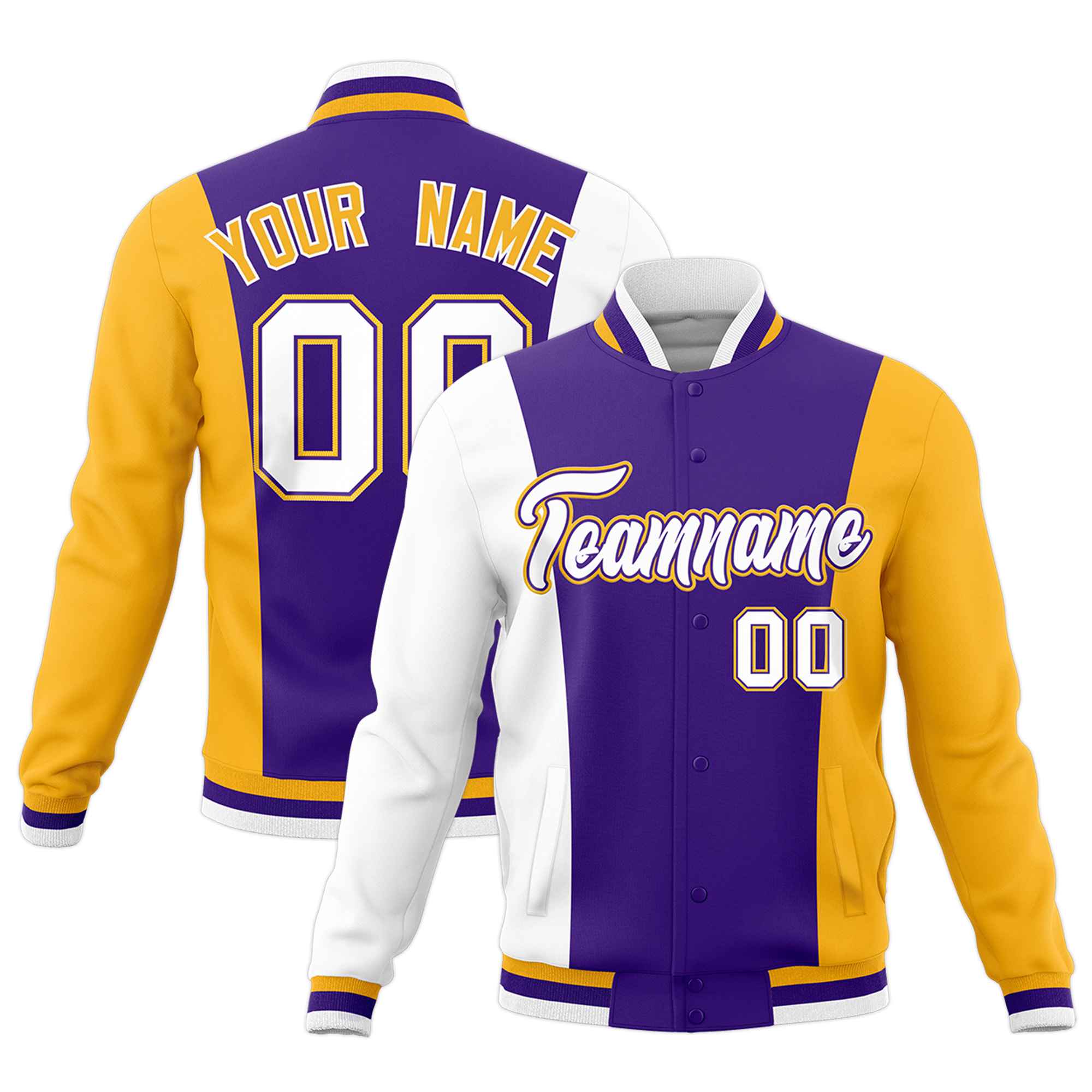 Custom Purple White Yellow Personalization Varsity Full-Snap Three Color Blocks Letterman Jacket| KXKSHOP