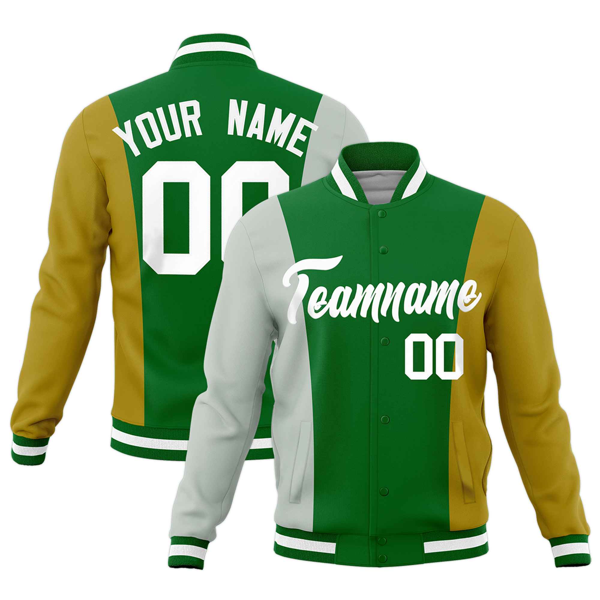 Custom Kelly Green Gray Old Gold Personalization Varsity Full-Snap Three Color Blocks Letterman Jacket| KXKSHOP