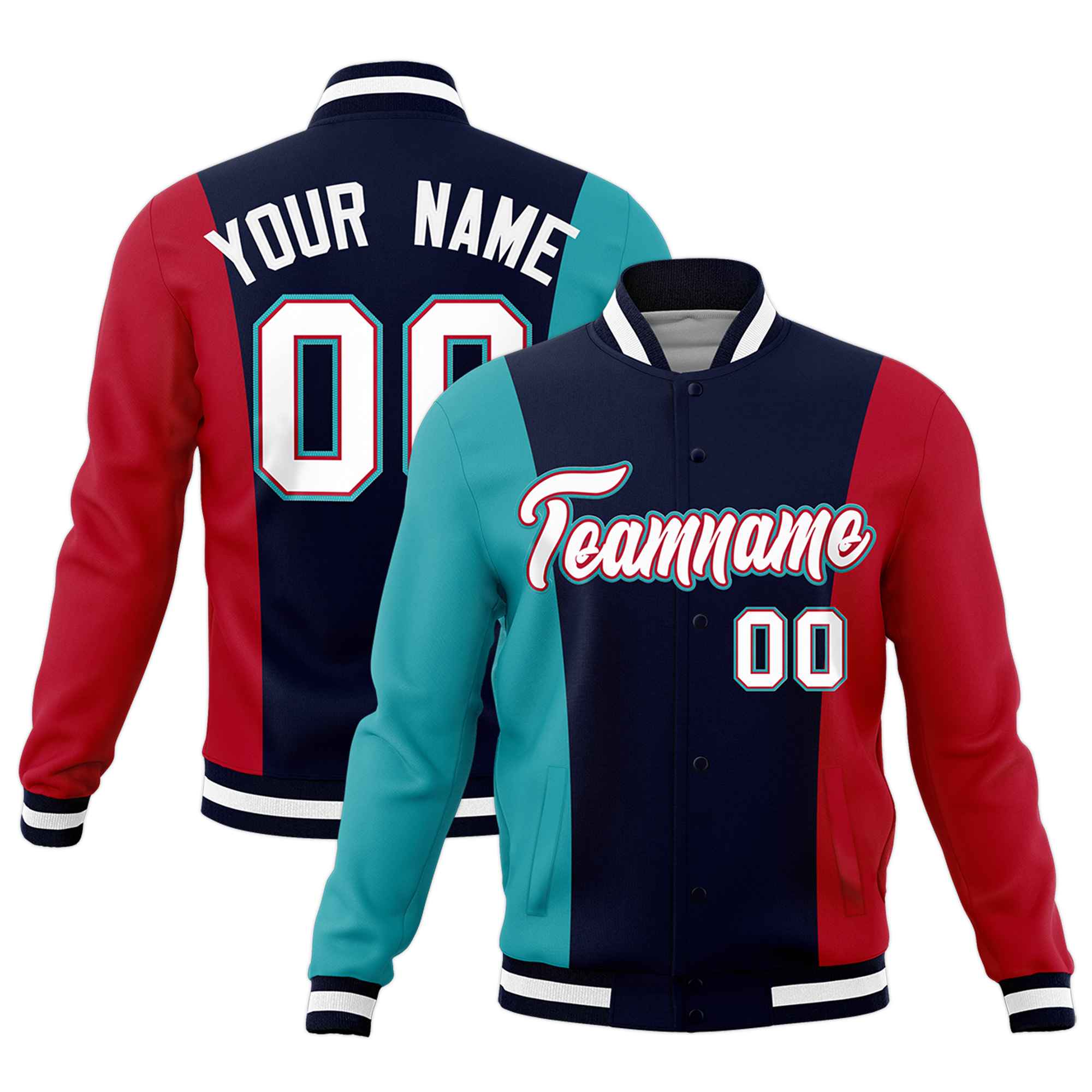 Custom Navy Aqua Red Personalization Varsity Full-Snap Three Color Blocks Letterman Jacket| KXKSHOP