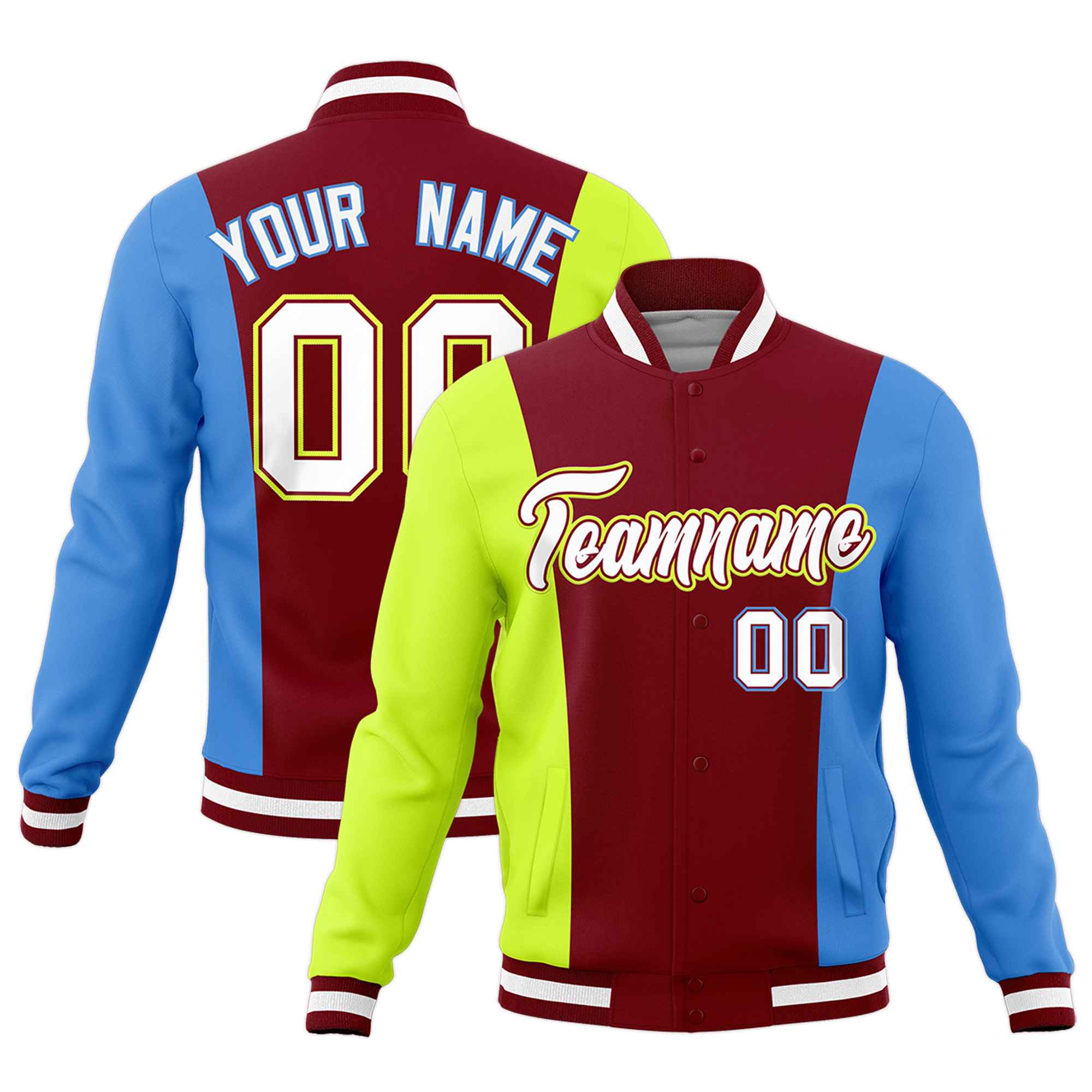 Custom Crimson Fluorescent Green Powder Blue Personalization Varsity Full-Snap Three Color Blocks Letterman Jacket| KXKSHOP