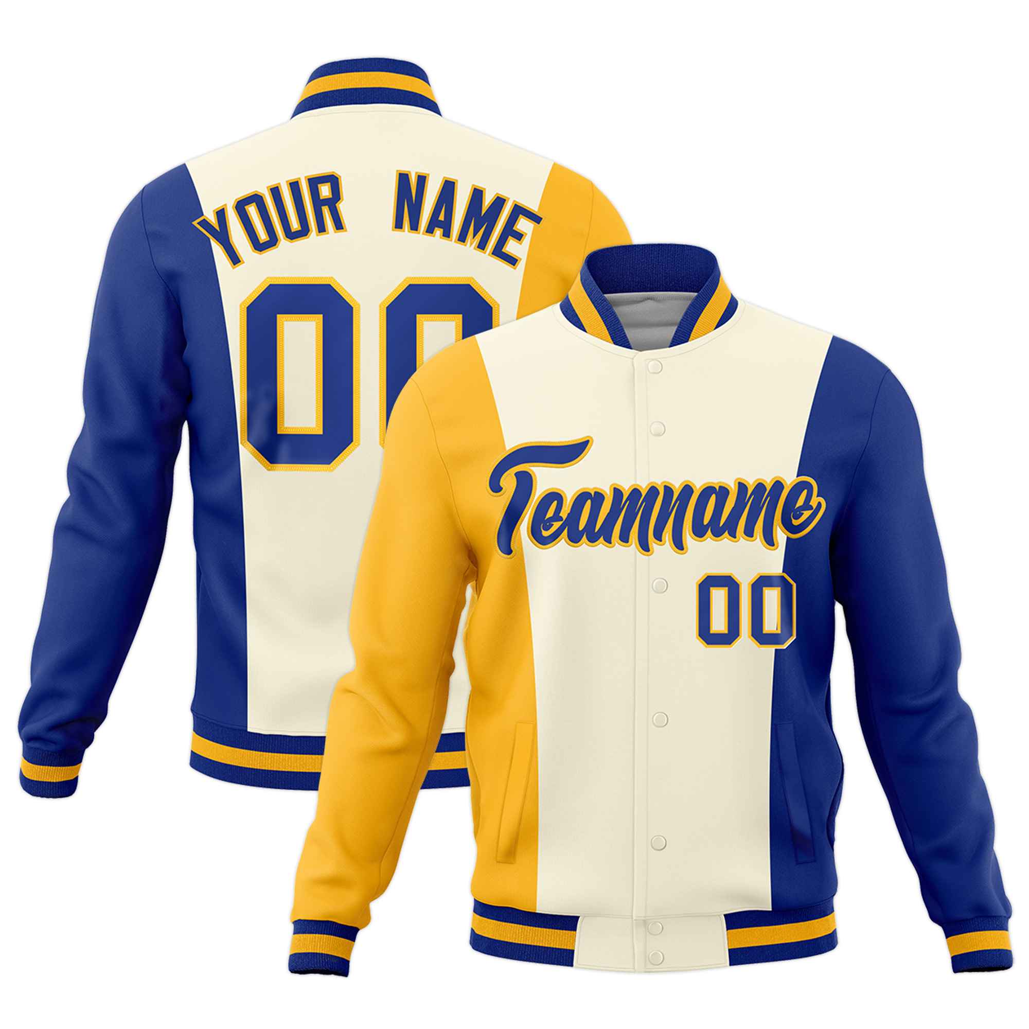 Custom Yellow Cream Royal Blue Personalization Varsity Full-Snap Three Color Blocks Letterman Jacket| KXKSHOP