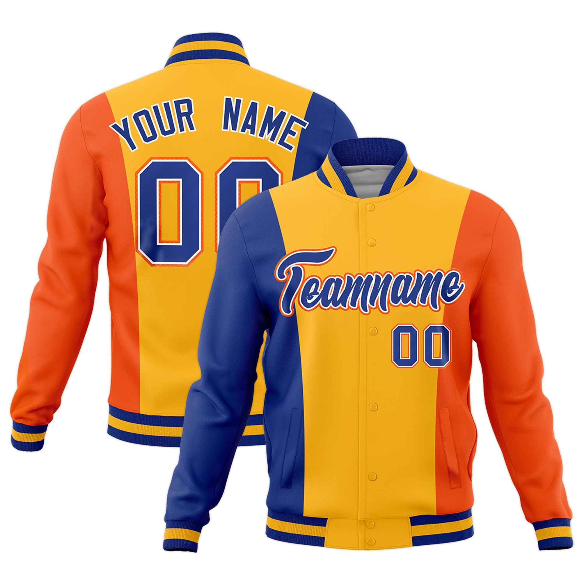 Custom Royal Blue Yellow Orange Personalization Varsity Full-Snap Three Color Blocks Letterman Jacket| KXKSHOP