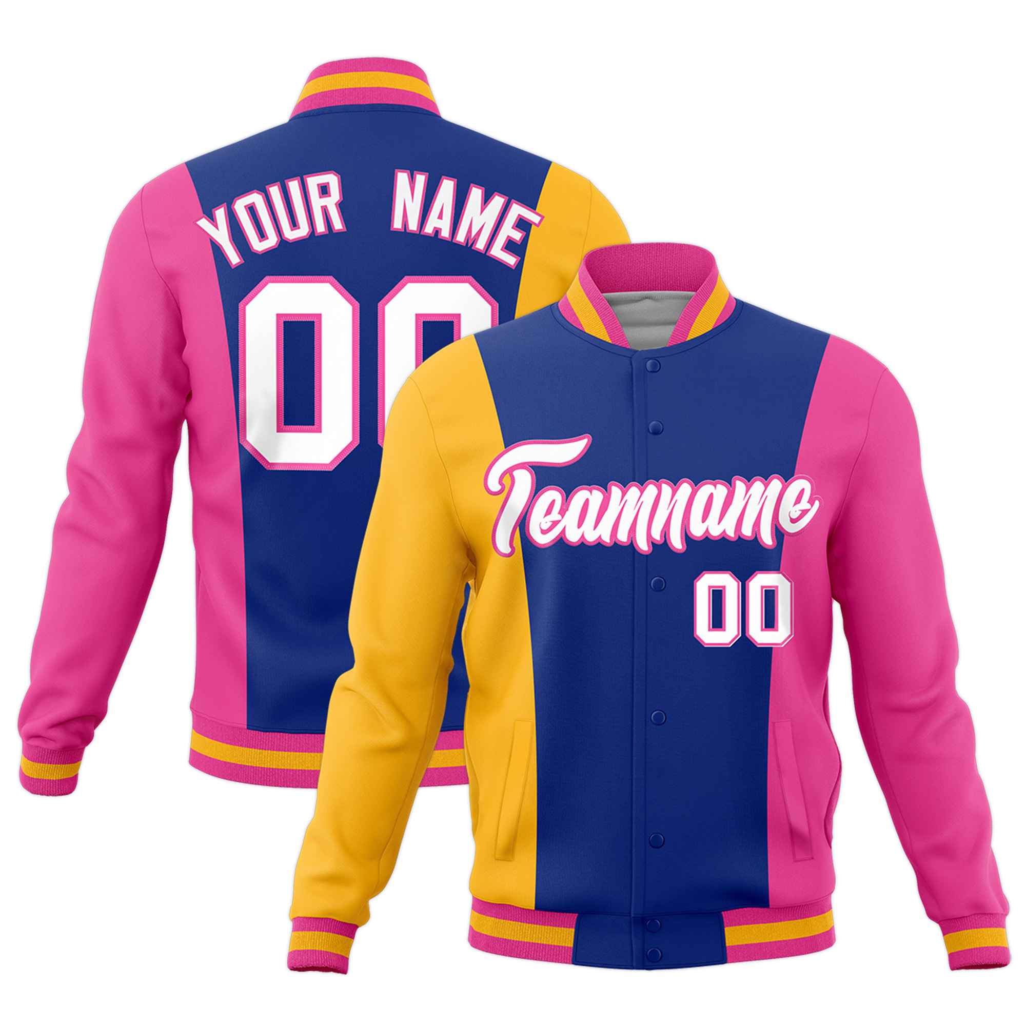 Custom Yellow Royal Blue Pink Personalization Varsity Full-Snap Three Color Blocks Letterman Jacket| KXKSHOP