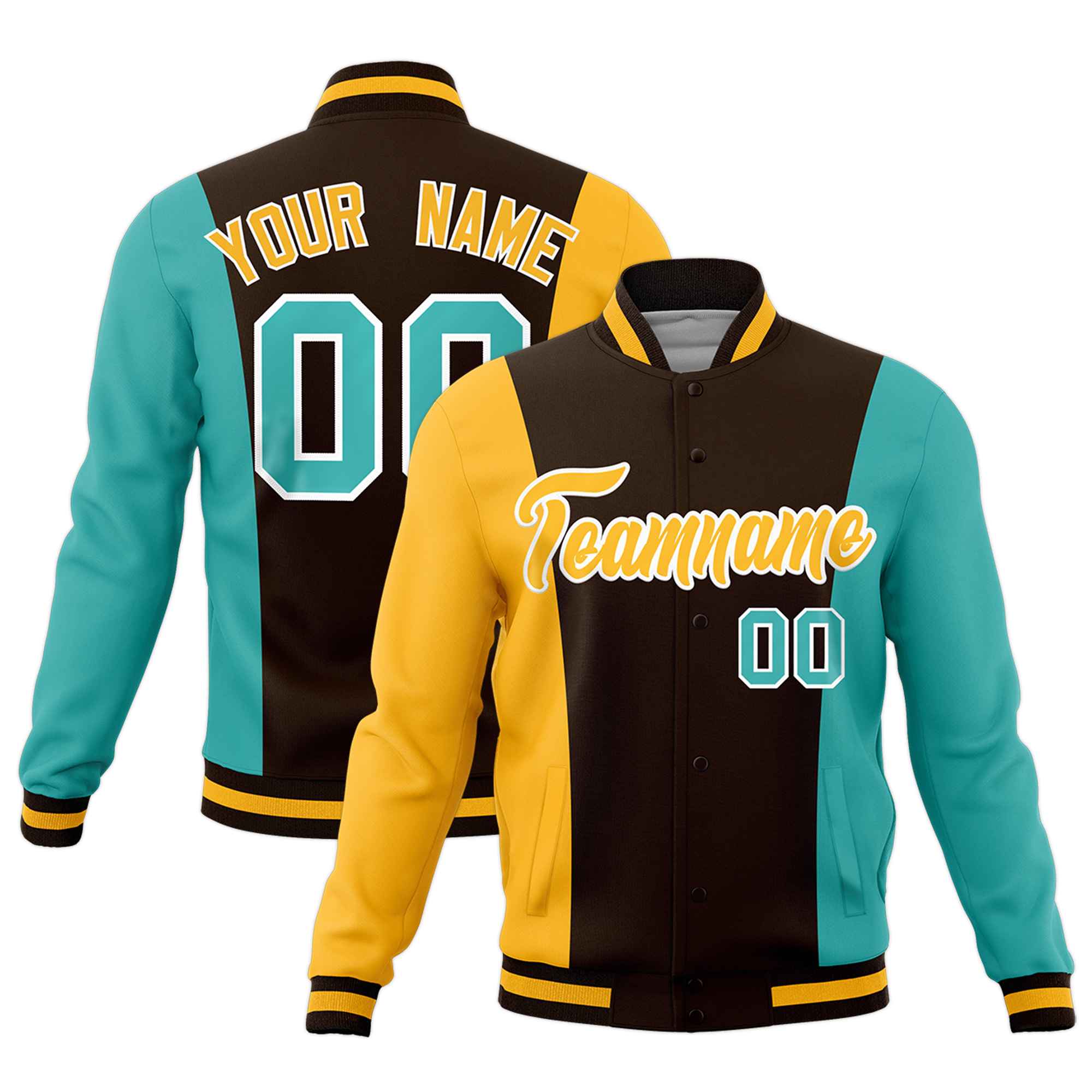 Custom Brown Yellow Teal Personalization Varsity Full-Snap Three Color Blocks Letterman Jacket| KXKSHOP