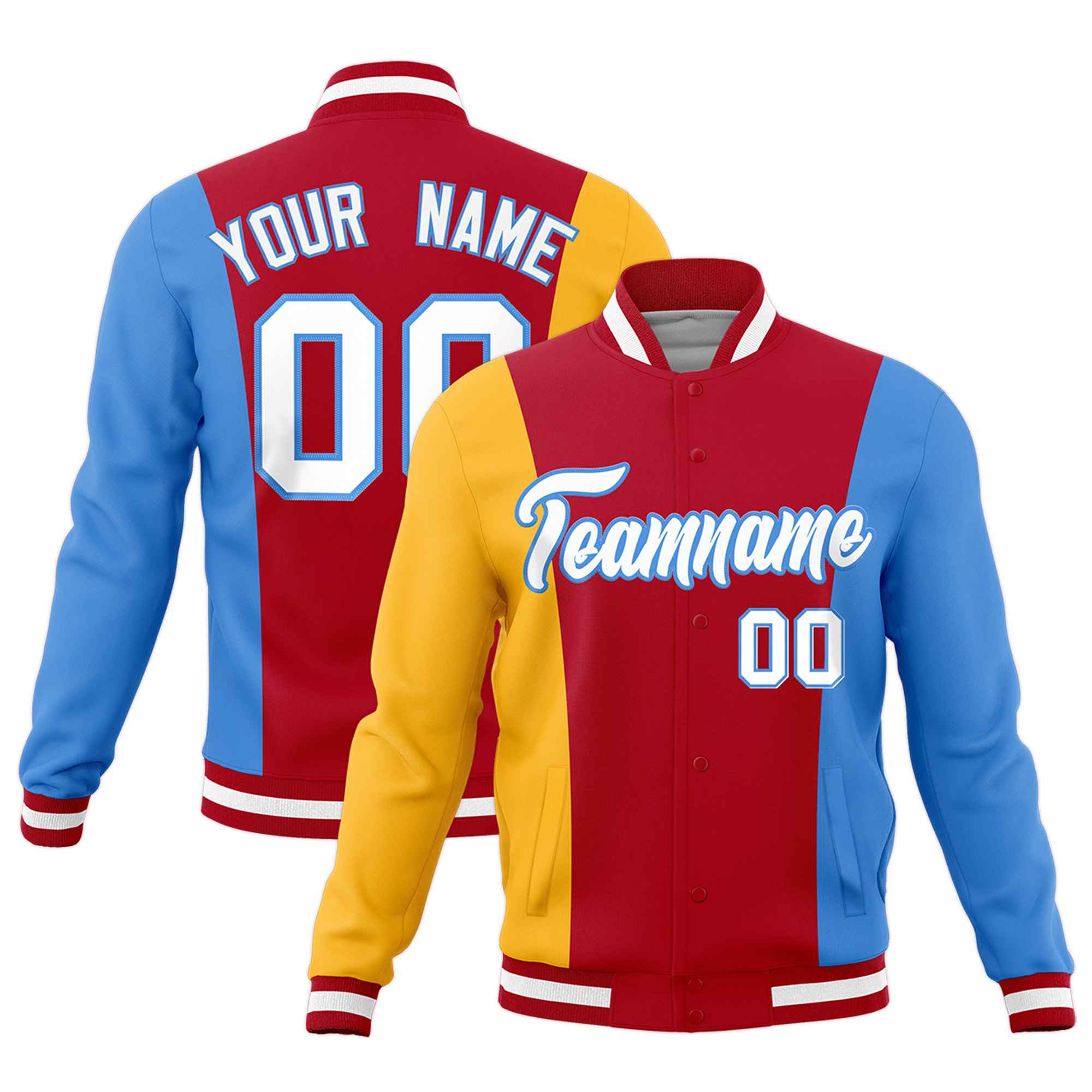 Custom Red Yellow Powder Blue Personalization Varsity Full-Snap Three Color Blocks Letterman Jacket| KXKSHOP