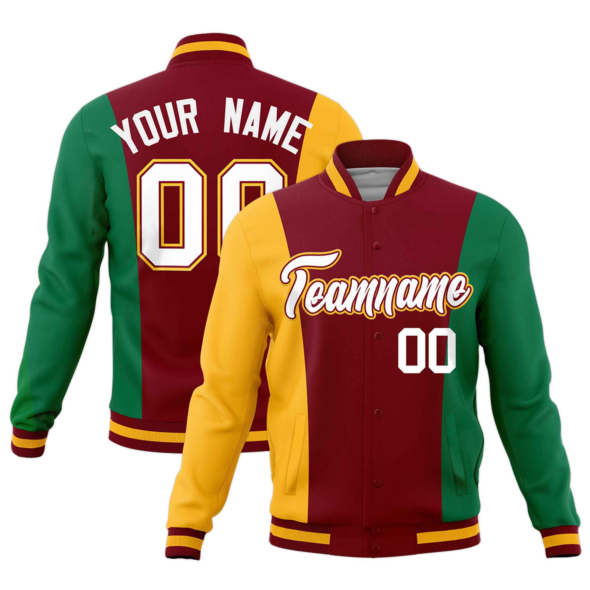 Custom Crimson Yellow Kelly Green Personalization Varsity Full-Snap Three Color Blocks Letterman Jacket| KXKSHOP