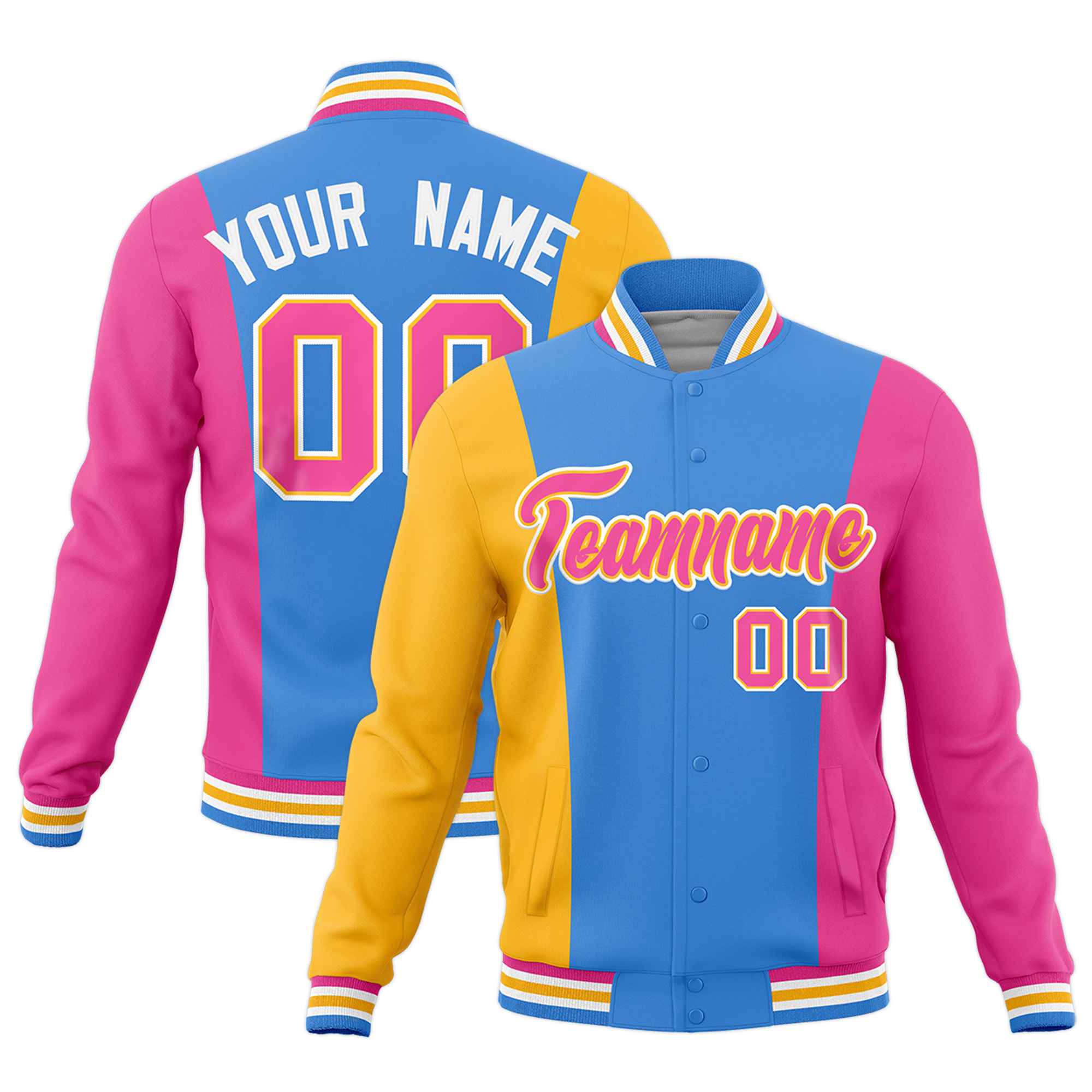 Custom Powder Blue Yellow Pink Personalization Varsity Full-Snap Three Color Blocks Letterman Jacket| KXKSHOP