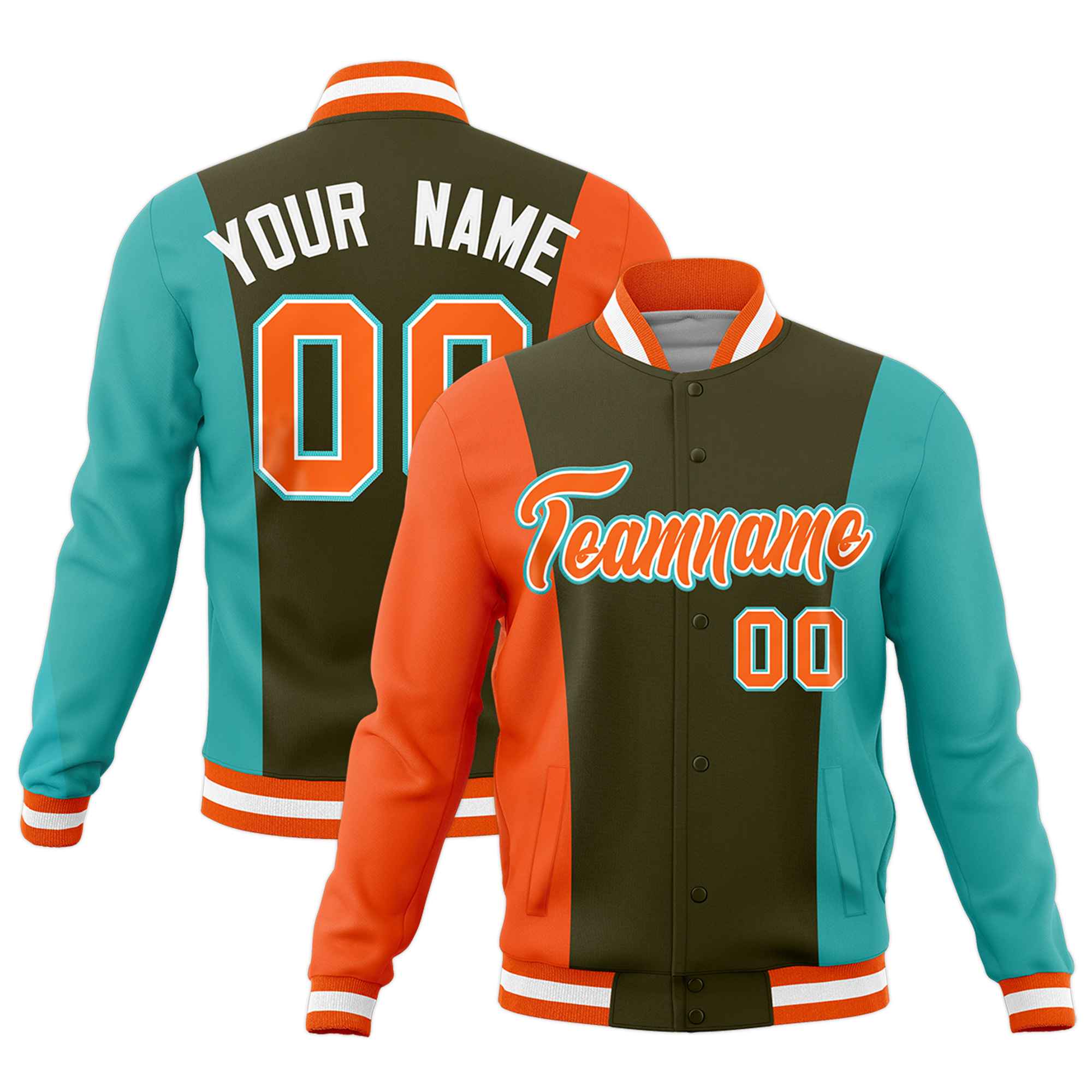 Custom Olive Orange Teal Personalization Varsity Full-Snap Three Color Blocks Letterman Jacket| KXKSHOP