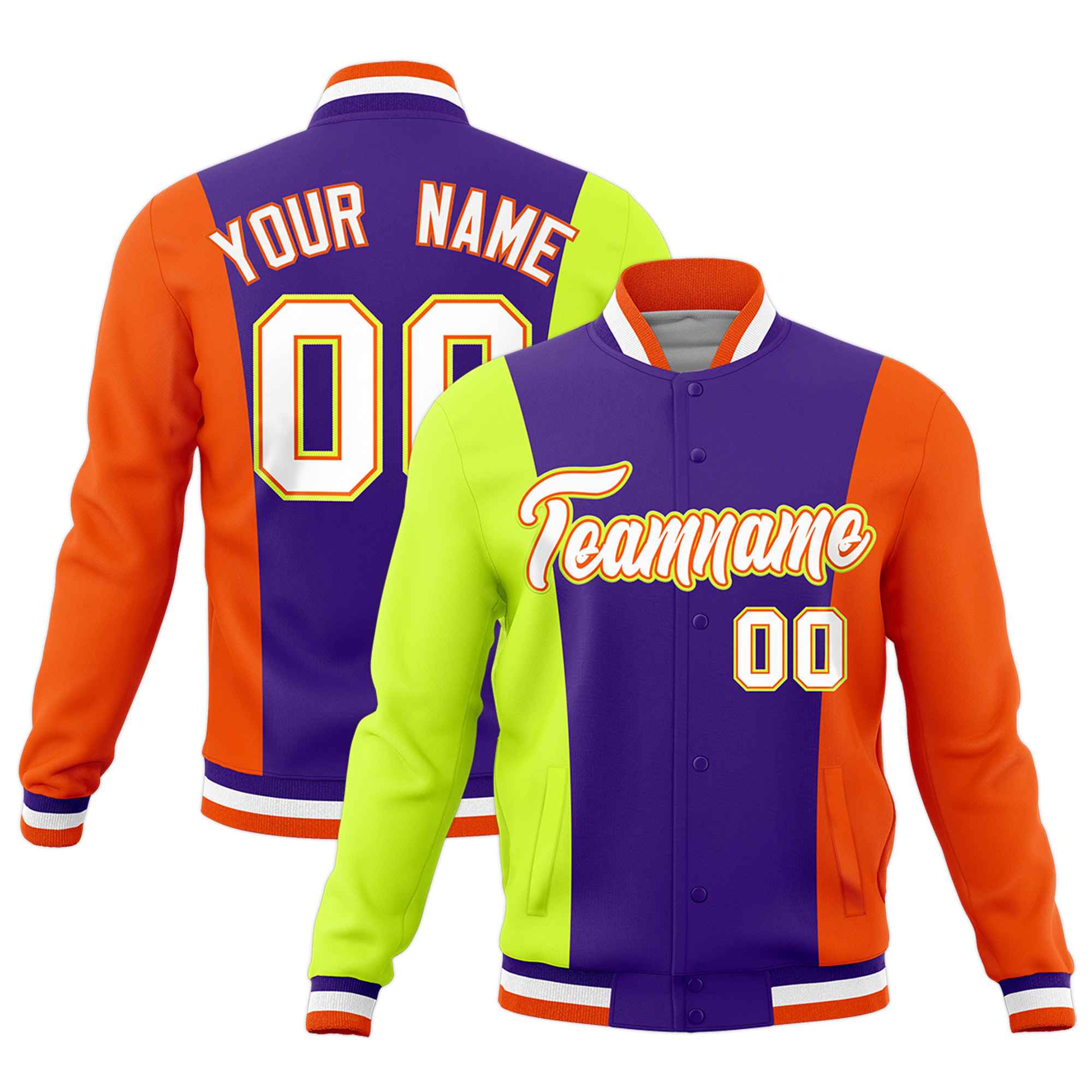 Custom Purple Fluorescent Green Yellow Personalization Varsity Full-Snap Three Color Blocks Letterman Jacket| KXKSHOP