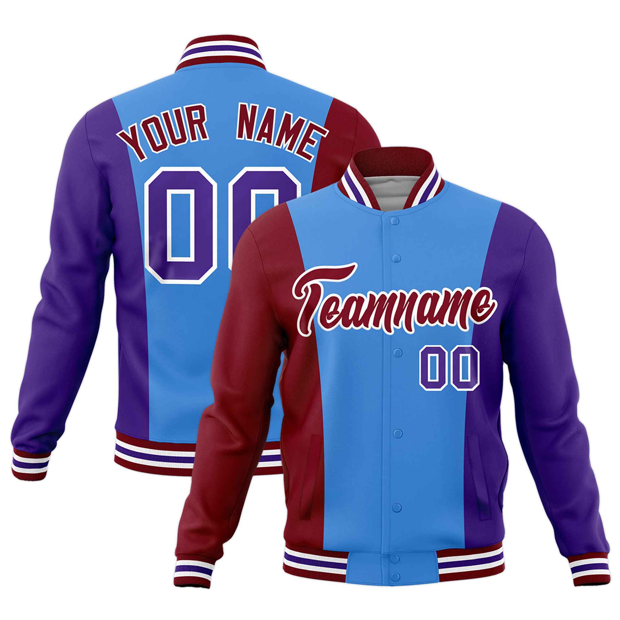Custom Powder Blue Crimson Purple Personalization Varsity Full-Snap Three Color Blocks Letterman Jacket| KXKSHOP