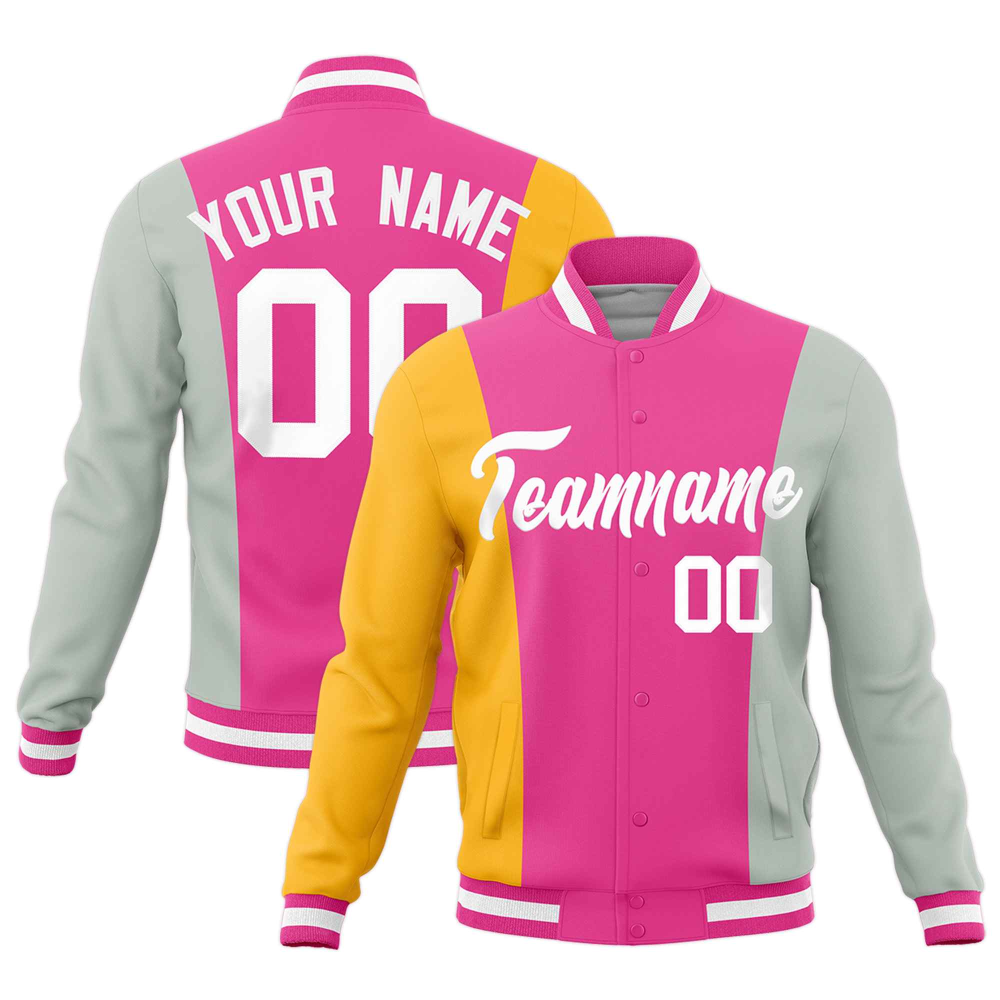 Custom Pink Yellow Gray Personalization Varsity Full-Snap Three Color Blocks Letterman Jacket| KXKSHOP