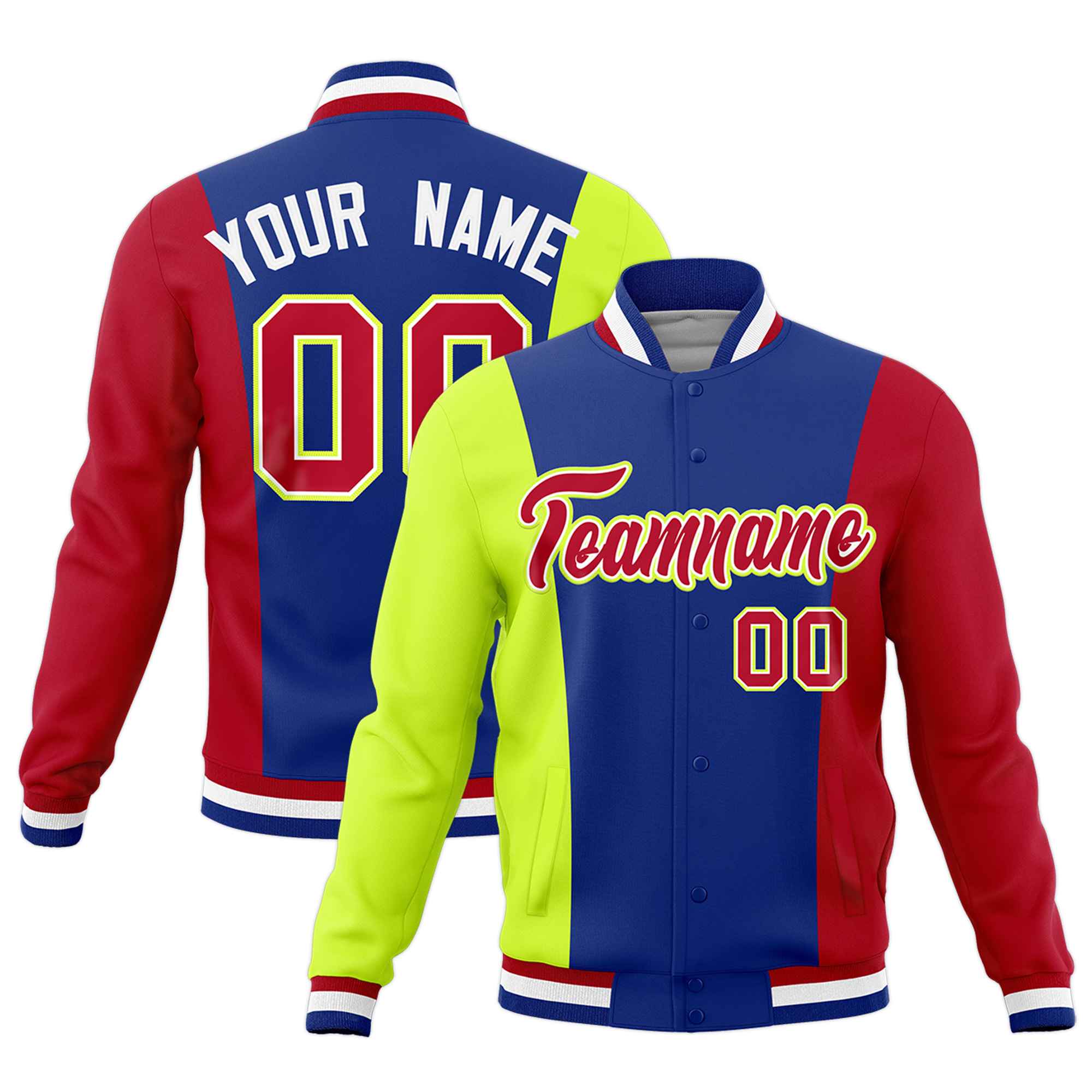 Custom Royal Blue Fluorescent Green Red Personalization Varsity Full-Snap Three Color Blocks Letterman Jacket| KXKSHOP