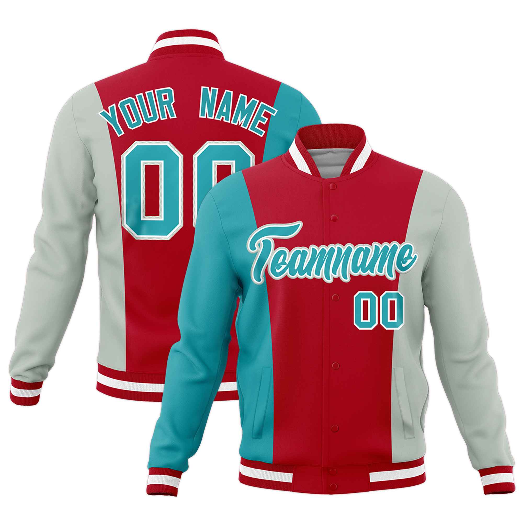 Custom Red Aqua Gray Personalization Varsity Full-Snap Three Color Blocks Letterman Jacket| KXKSHOP