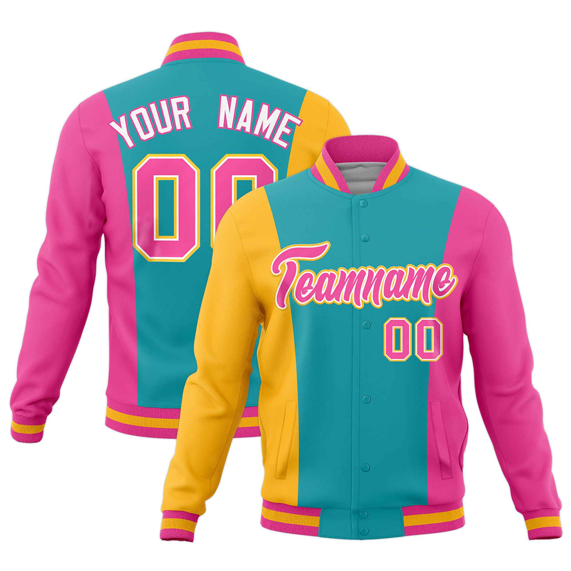 Custom Aqua Yellow Pink Personalization Varsity Full-Snap Three Color Blocks Letterman Jacket| KXKSHOP