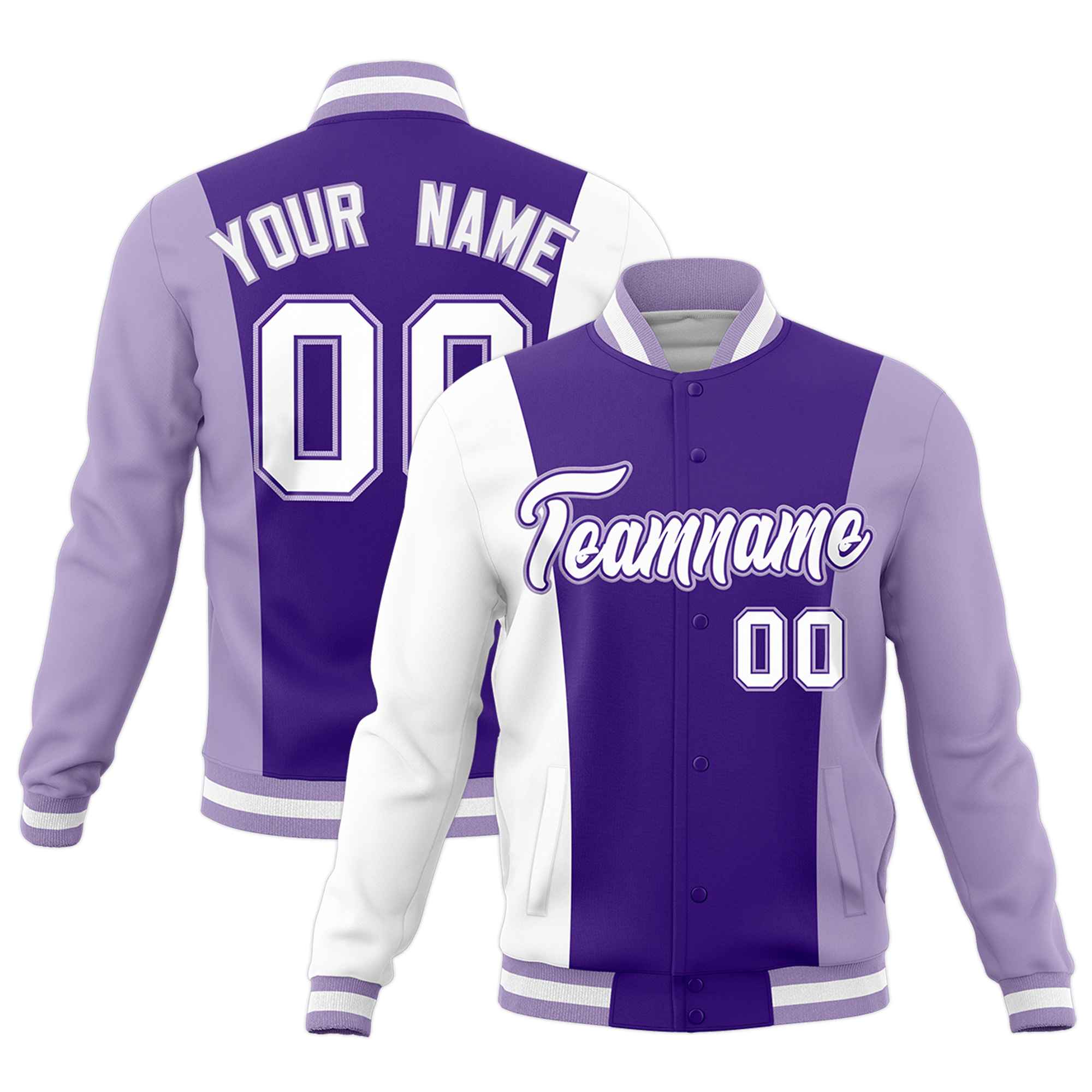 Custom Purple White Light Purple Personalization Varsity Full-Snap Three Color Blocks Letterman Jacket| KXKSHOP