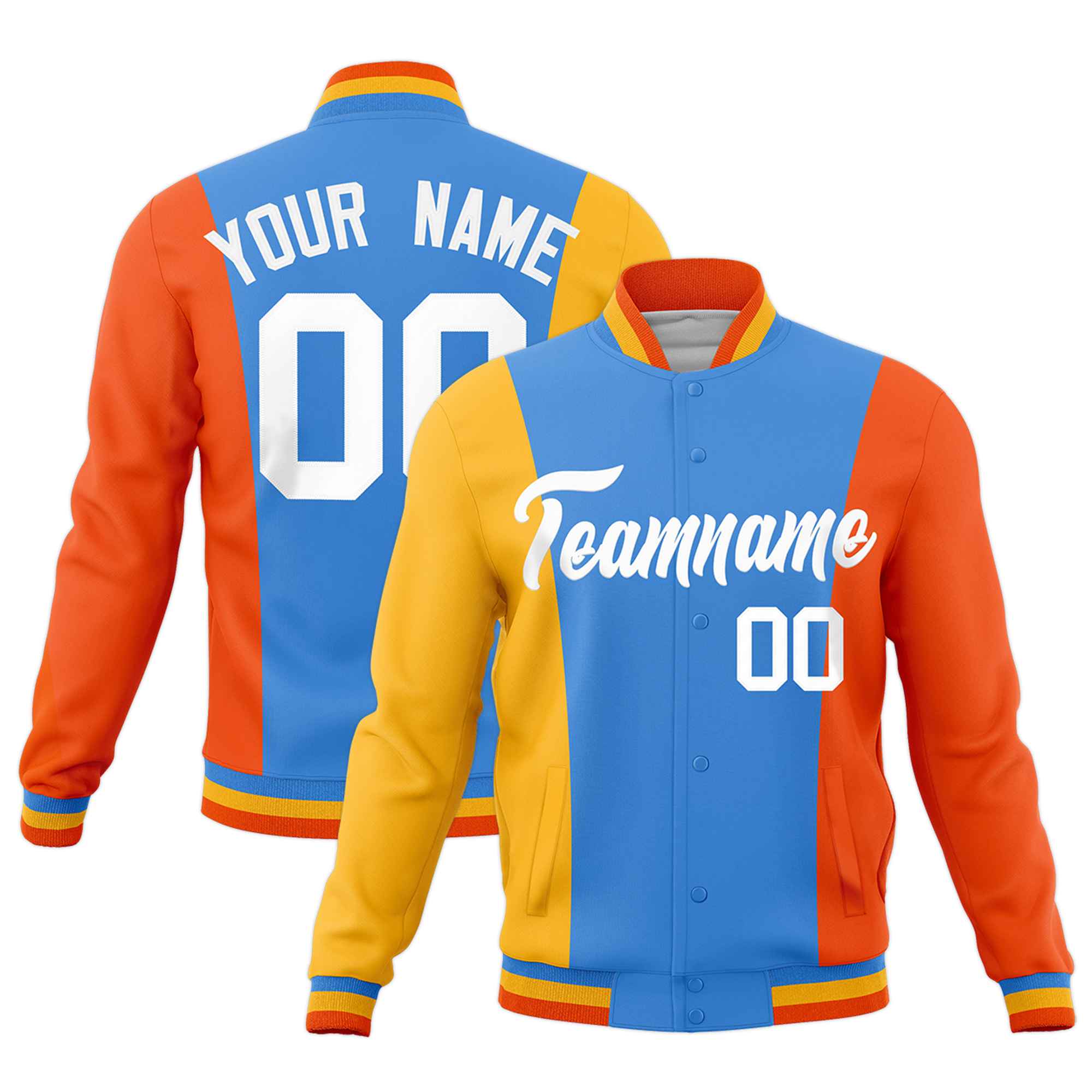 Custom Powder Blue Yellow Orange Personalization Varsity Full-Snap Three Color Blocks Letterman Jacket| KXKSHOP