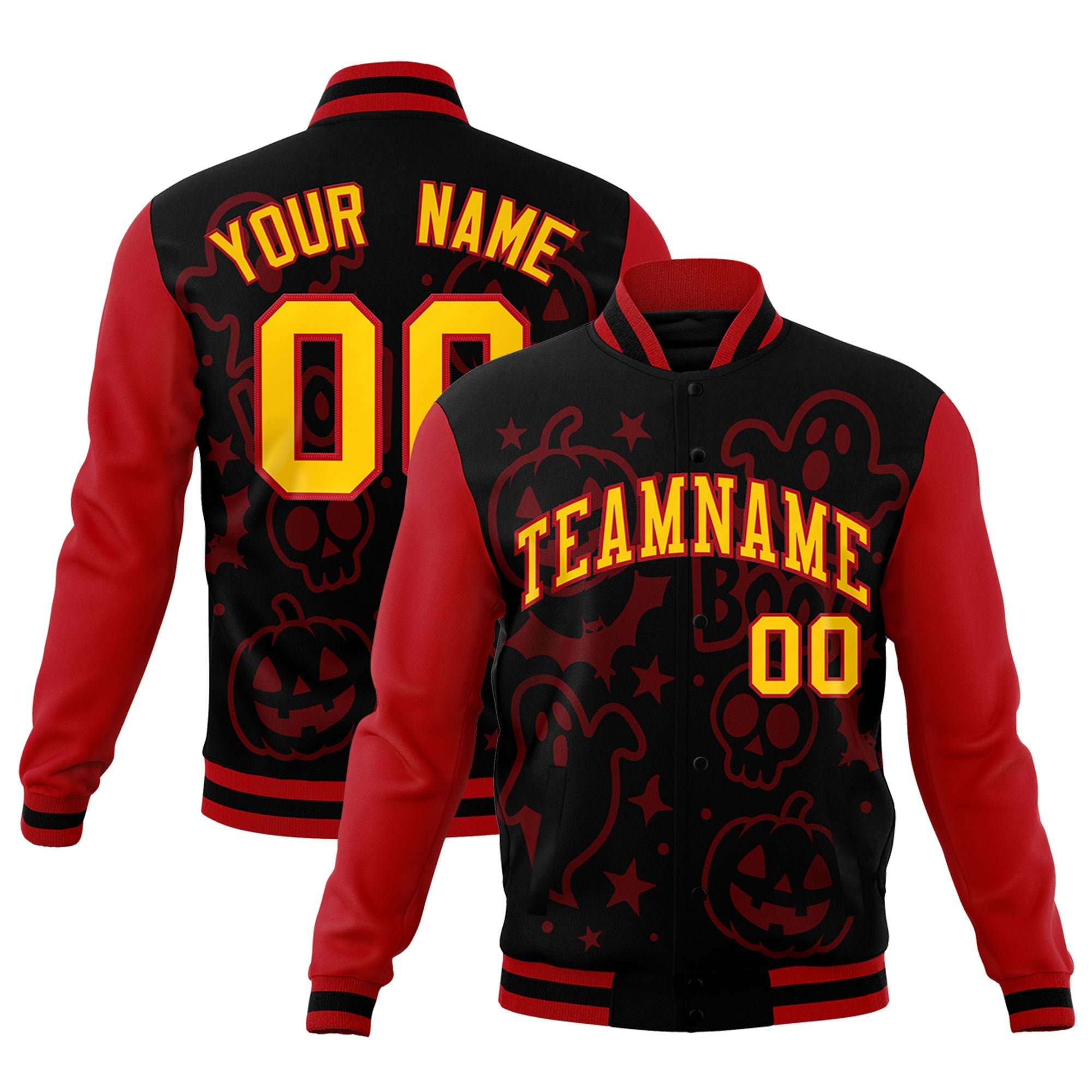 Custom Red Black Gold Bats Pumpkins Ghost Patterns Halloween Letterman Jacket| KXKSHOP