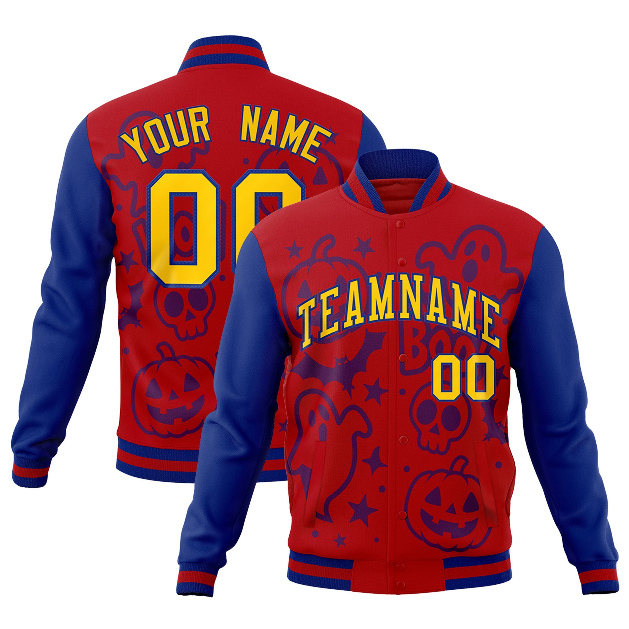 Custom Royal Red Royal Blue Bats Pumpkins Ghost Patterns Halloween Letterman Jacket| KXKSHOP