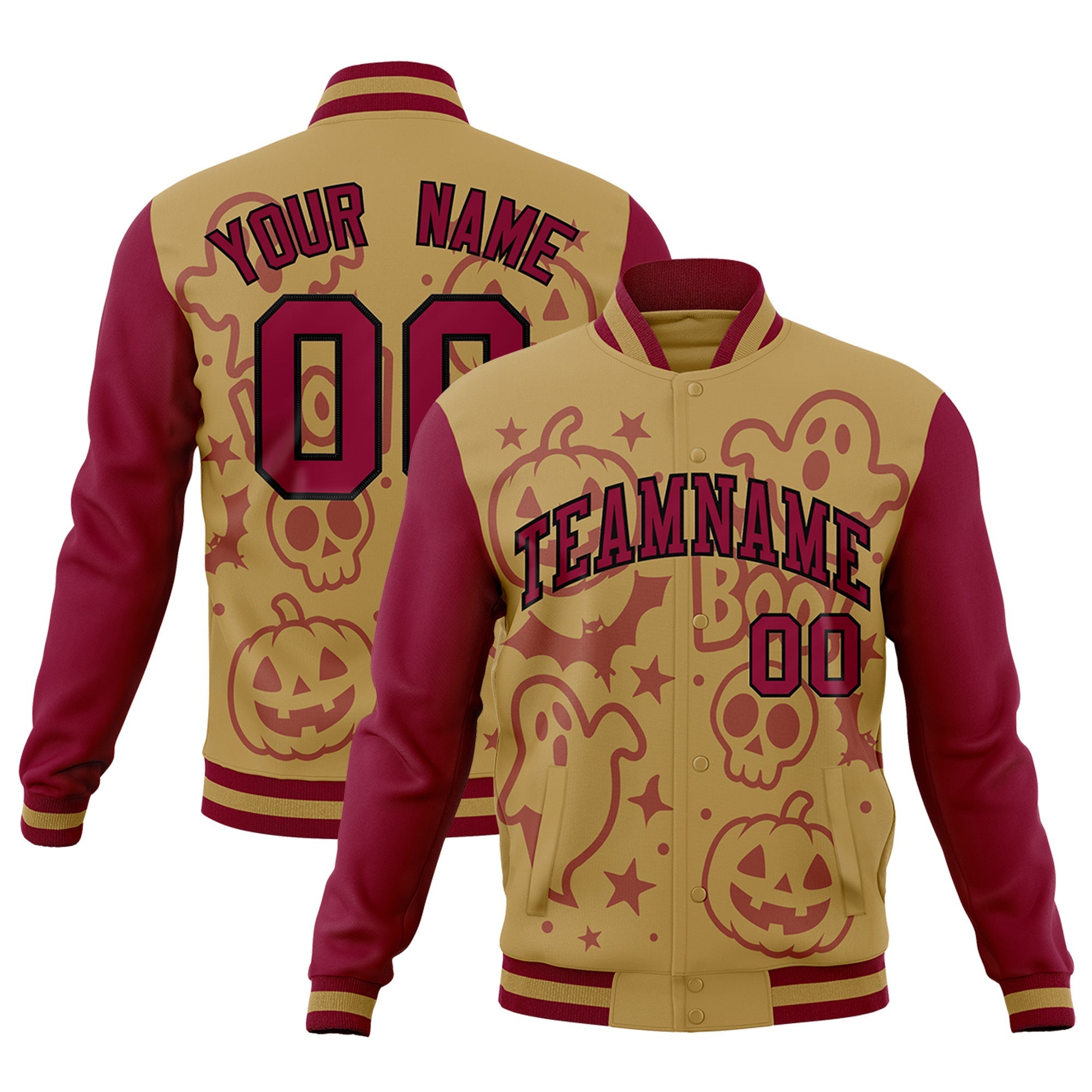 Custom Khaki Crimson Black Bats Pumpkins Ghost Patterns Halloween Letterman Jacket| KXKSHOP