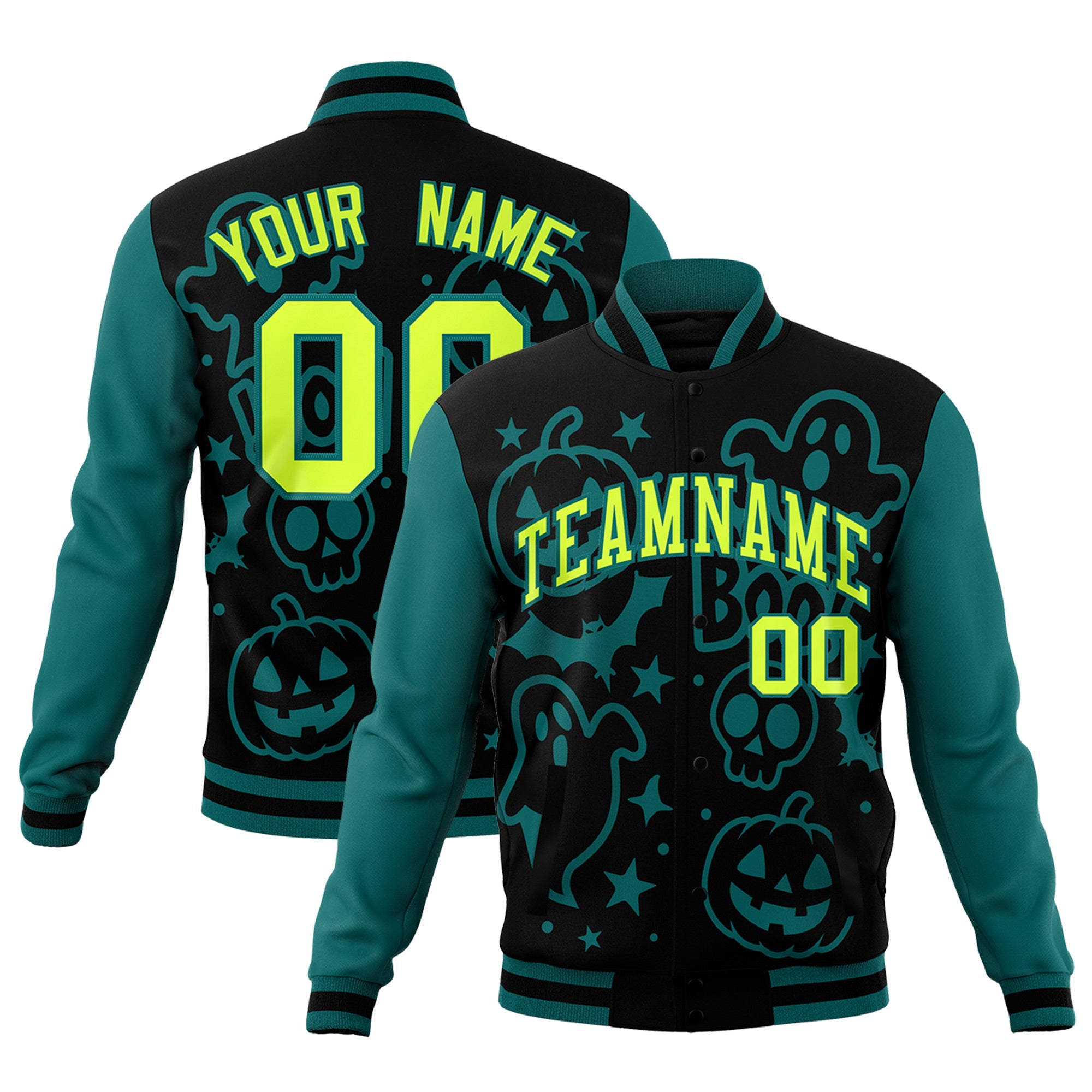 Custom Teal Black Neon Green Bats Pumpkins Ghost Patterns Halloween Letterman Jacket| KXKSHOP